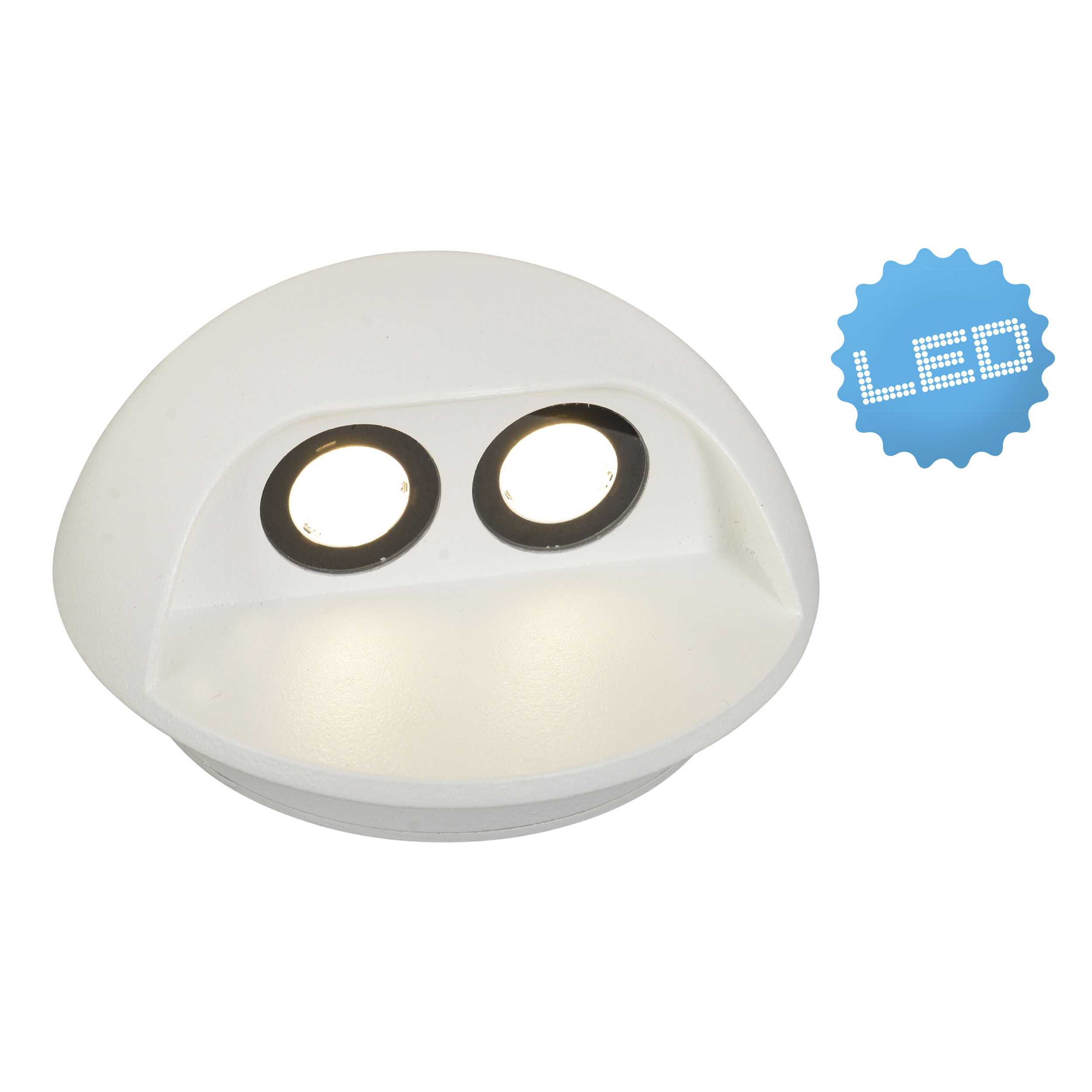 Weiße LED-Leuchte mit zwei Lichtern und blauem LED-Label.