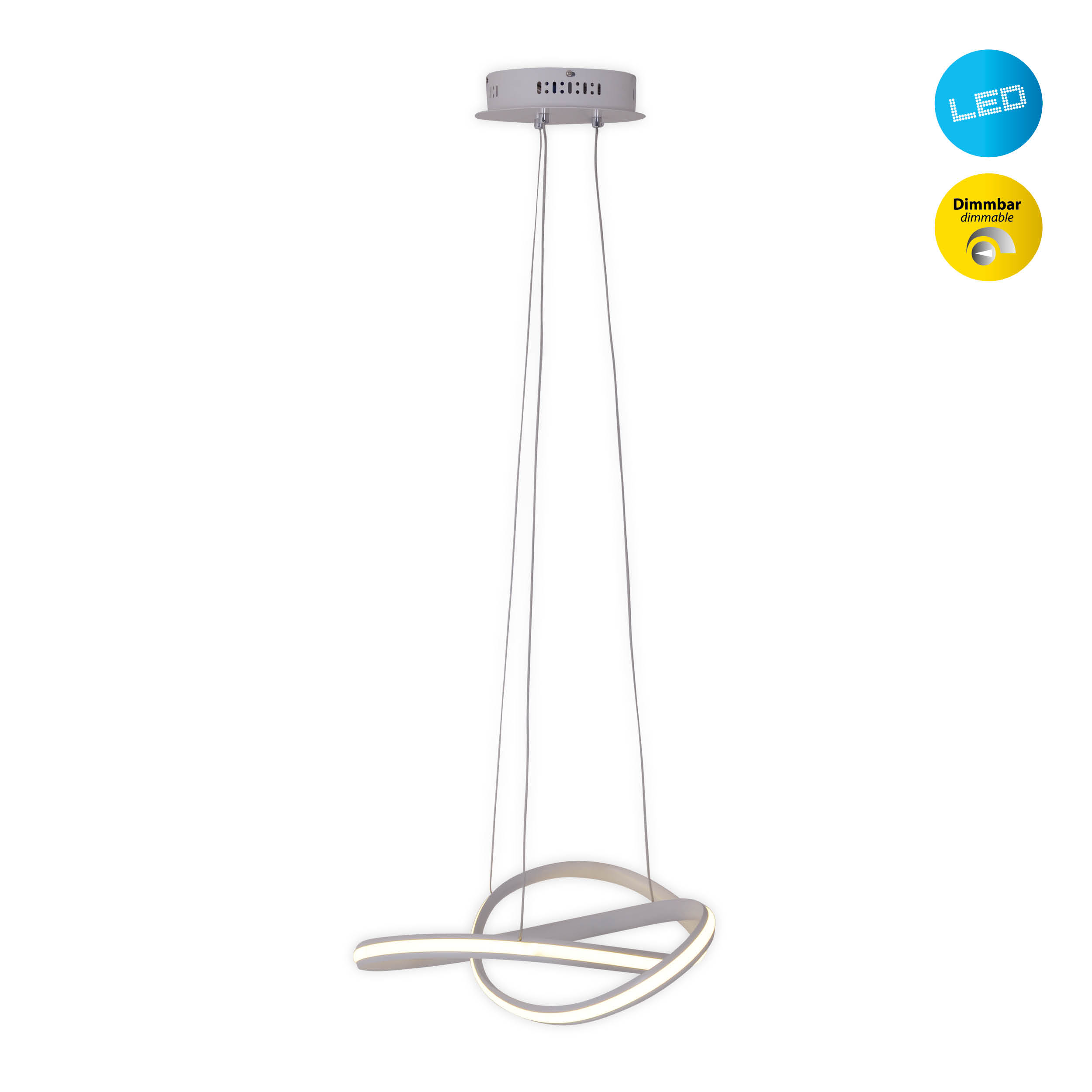 Eine moderne silberne Pendelleuchte mit Schlaufendesign, von der Decke abgehängt. LED- und dimmbare Symbole sind sichtbar.
