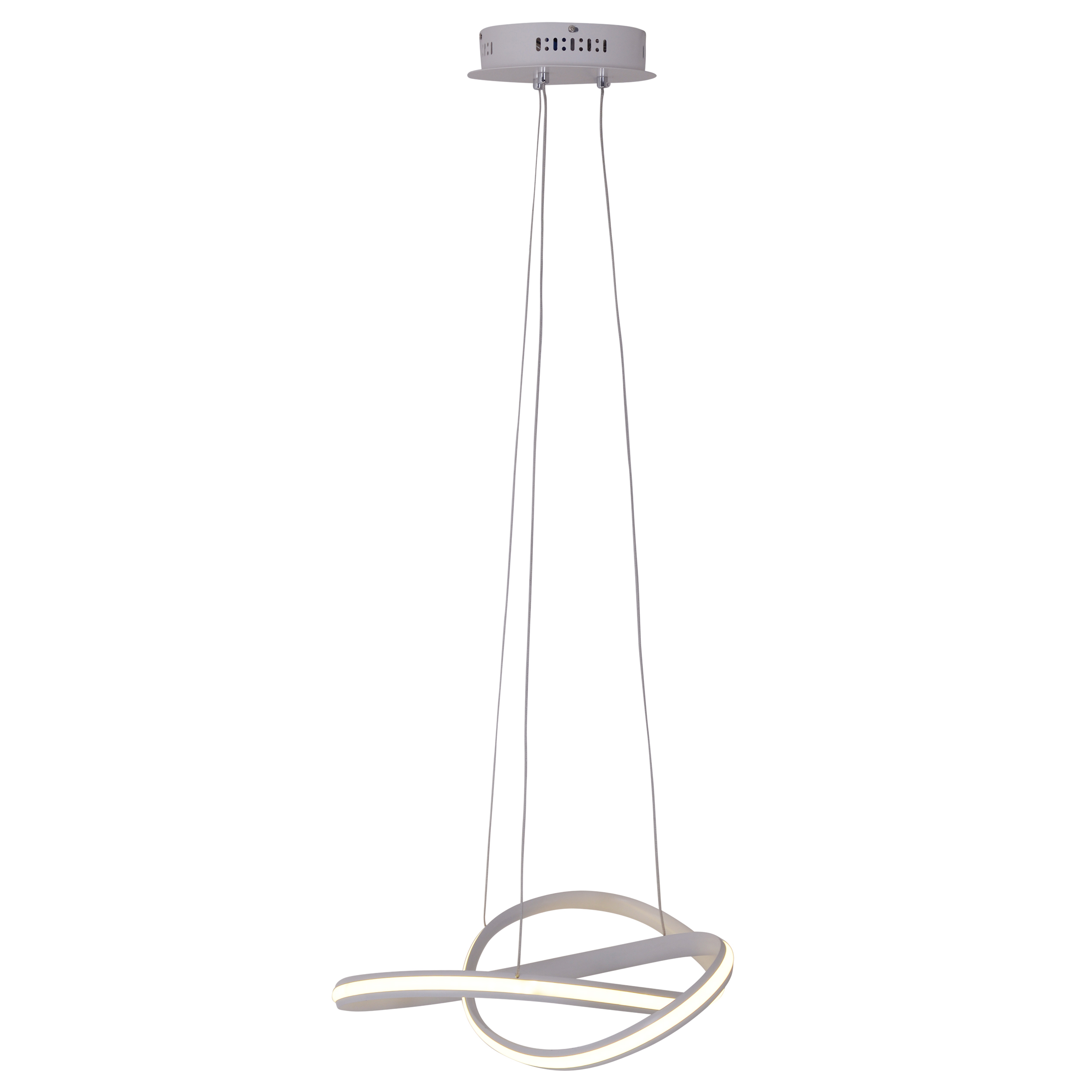 Moderne Pendelleuchte, weiß, geschwungenes Design mit rundem Sockel und einer geschwungenen Leuchte.