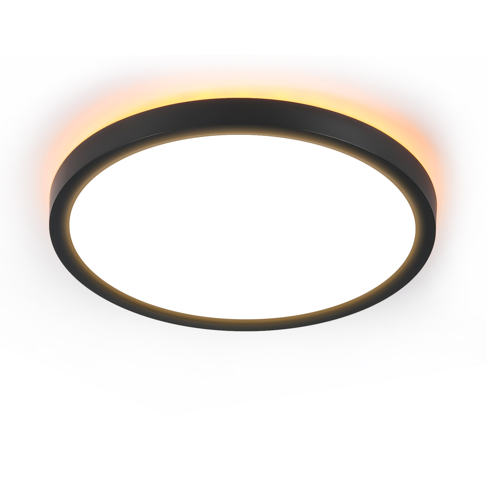 Una plafoniera rotonda, nera, con una luce centrale bianca e un bordo arancione.