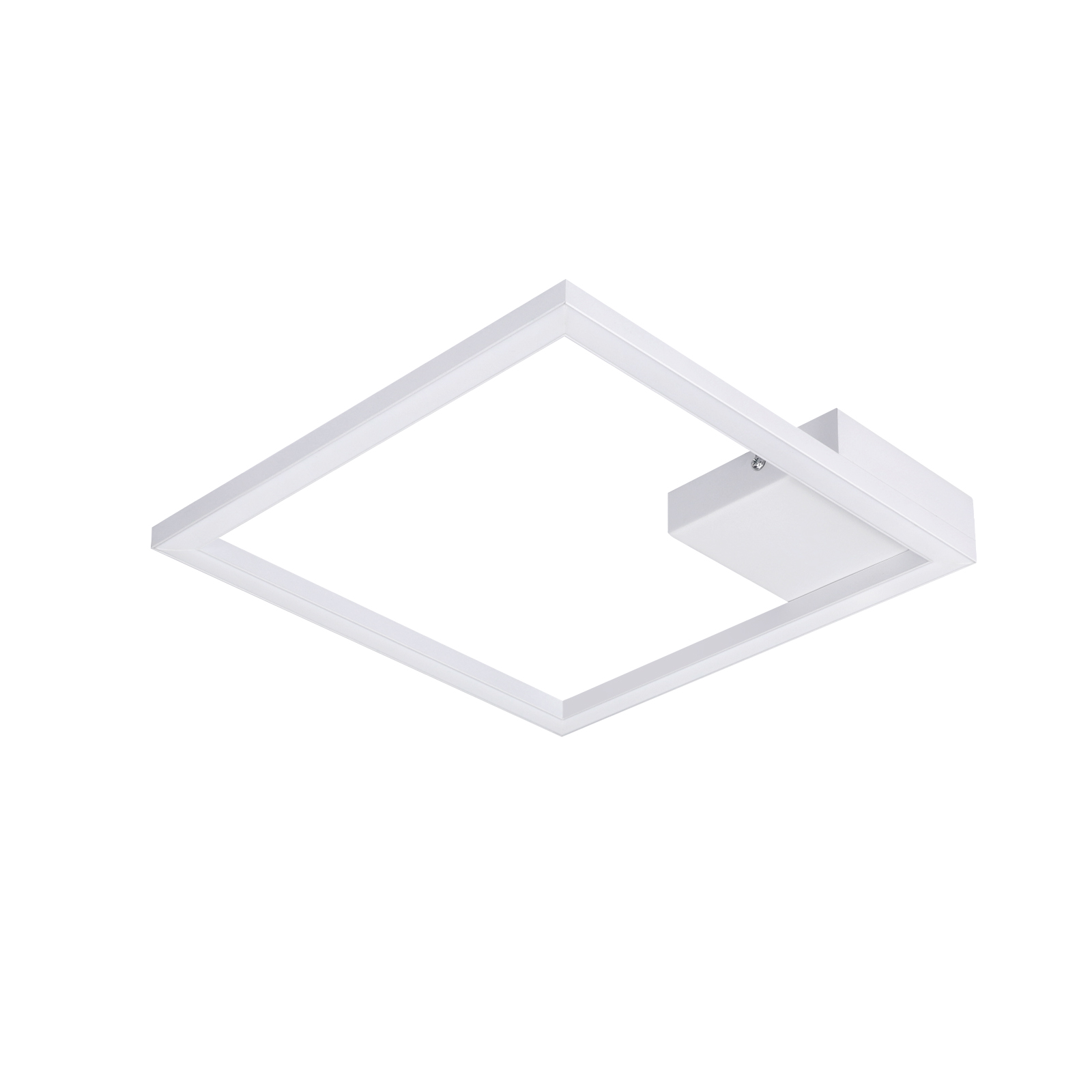 Una luminaria de techo cuadrada blanca con una sección rectangular lateral.