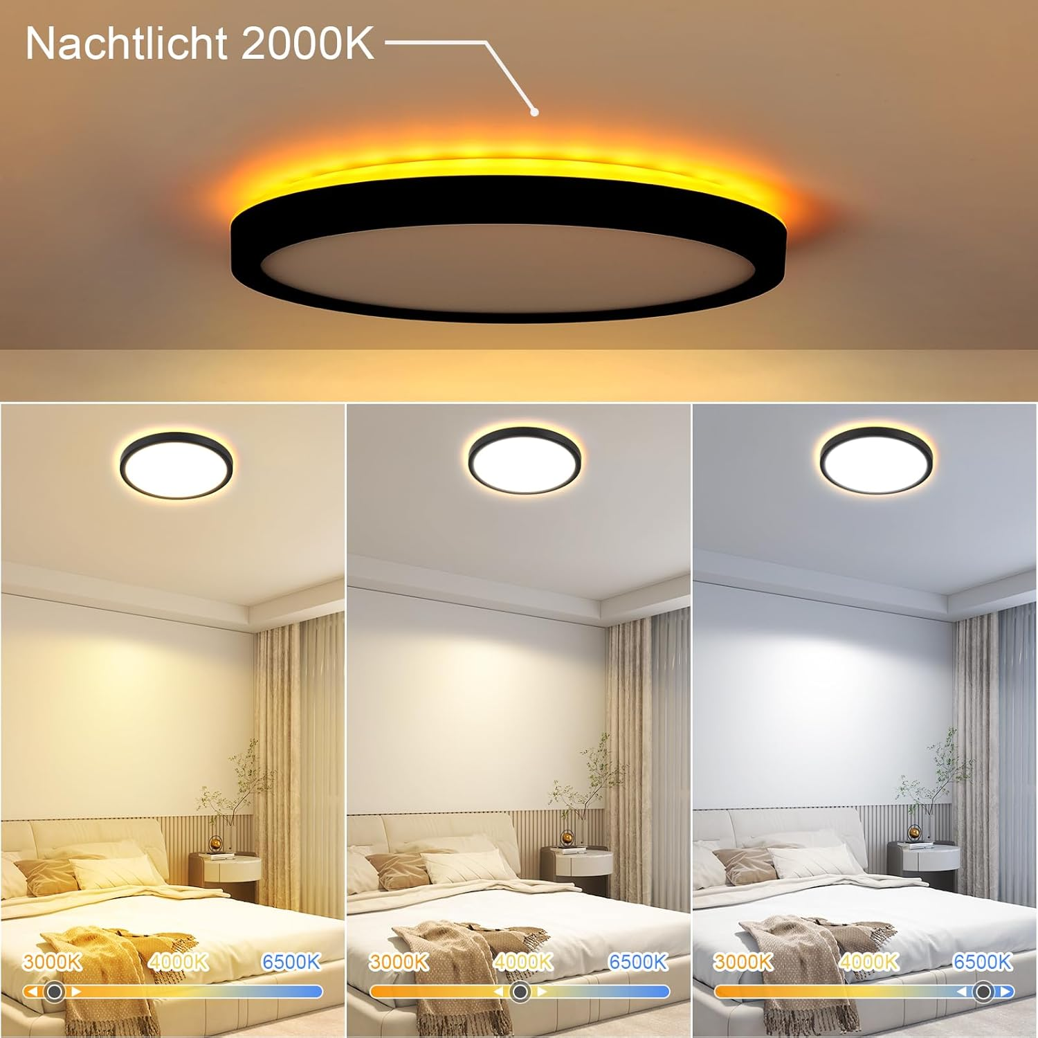 Lampa sufitowa z regulowaną temperaturą barwową, pokazana w sypialni. Wyświetlane są trzy opcje kolorów.