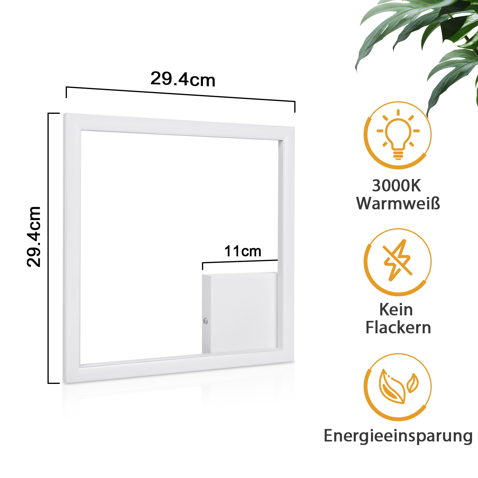 Luminaria cuadrada blanca con dimensiones e iconos para características como blanco cálido y sin parpadeo.