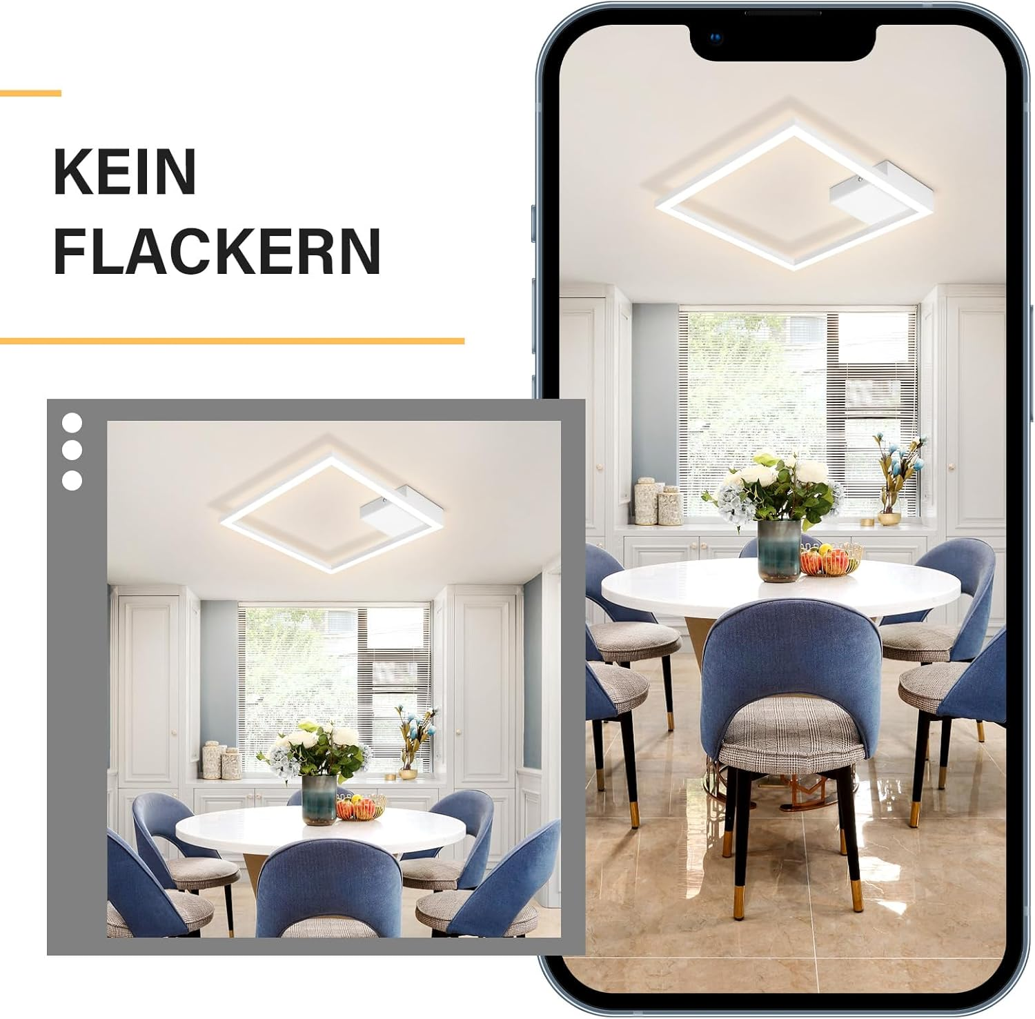Un teléfono muestra una lámpara de techo cuadrada blanca en una habitación con mesa redonda y sillas azules.