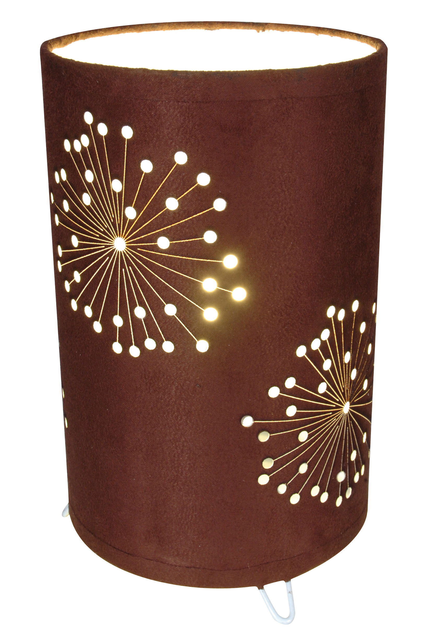 Braune zylindrische Lampe mit weißen Pusteblumen-Ausschnitten. Weißer Hintergrund.