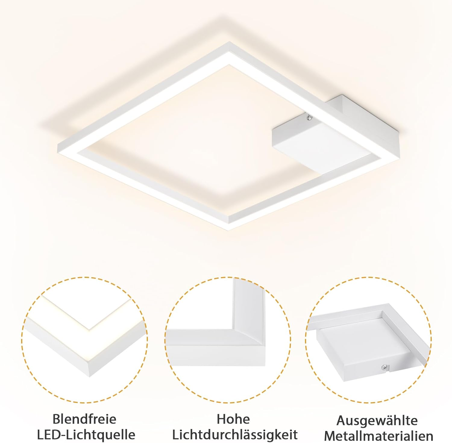 Una lámpara de techo LED cuadrada. Es blanca y tiene un centro brillante.