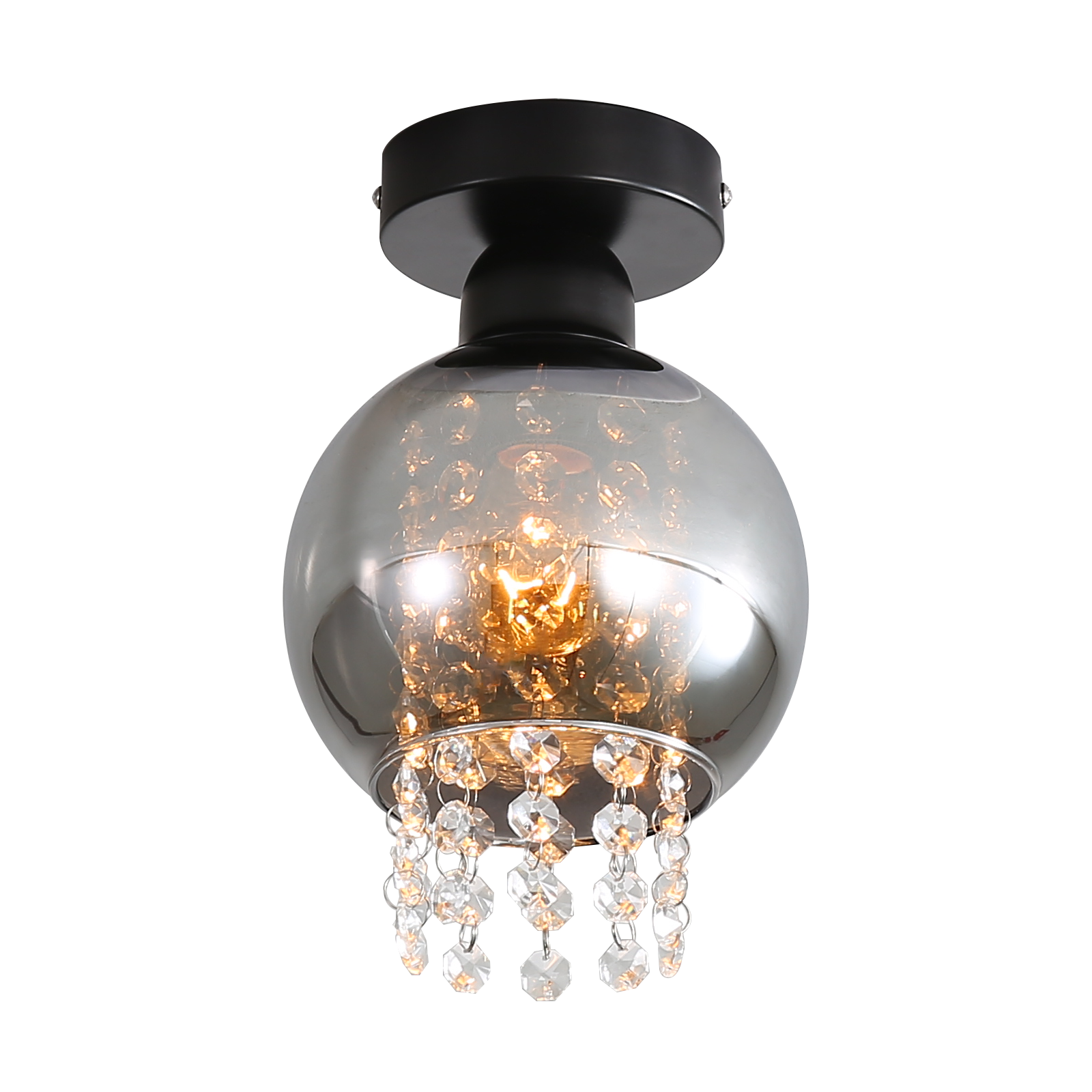 Luz de techo negra y cristal. Cristales transparentes colgando. Forma de bola de cristal.