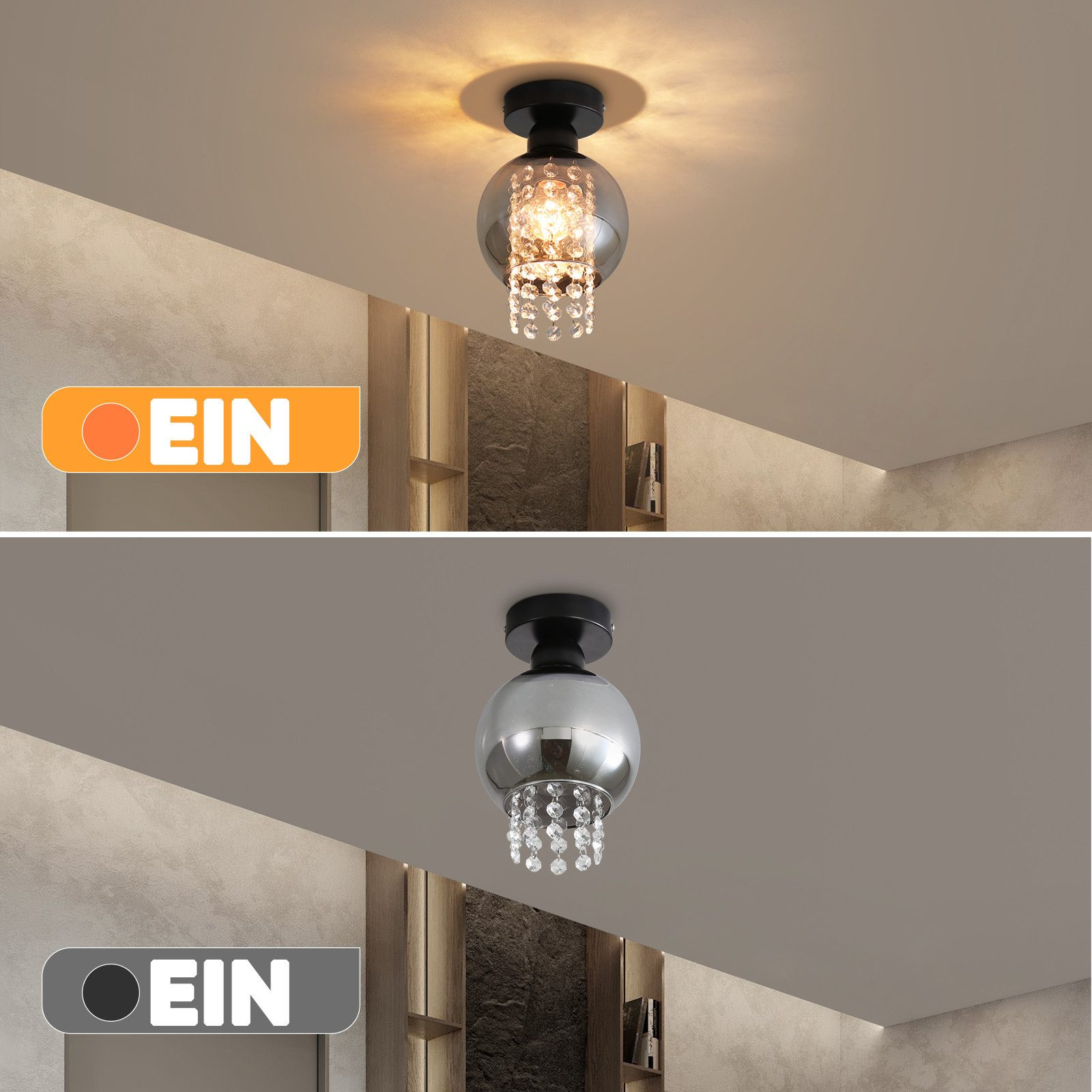 Lámpara de techo con esfera de vidrio y detalles de cristal, dos configuraciones de luz: encendido y apagado, con botón.