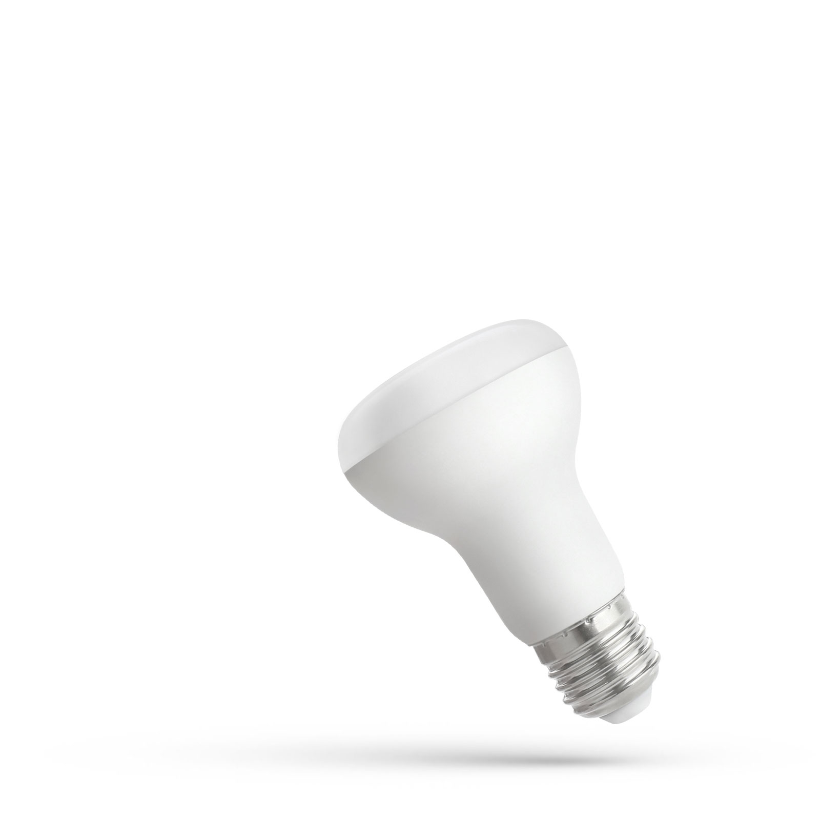 Lampadina bianca angolata con base argentata su sfondo bianco.