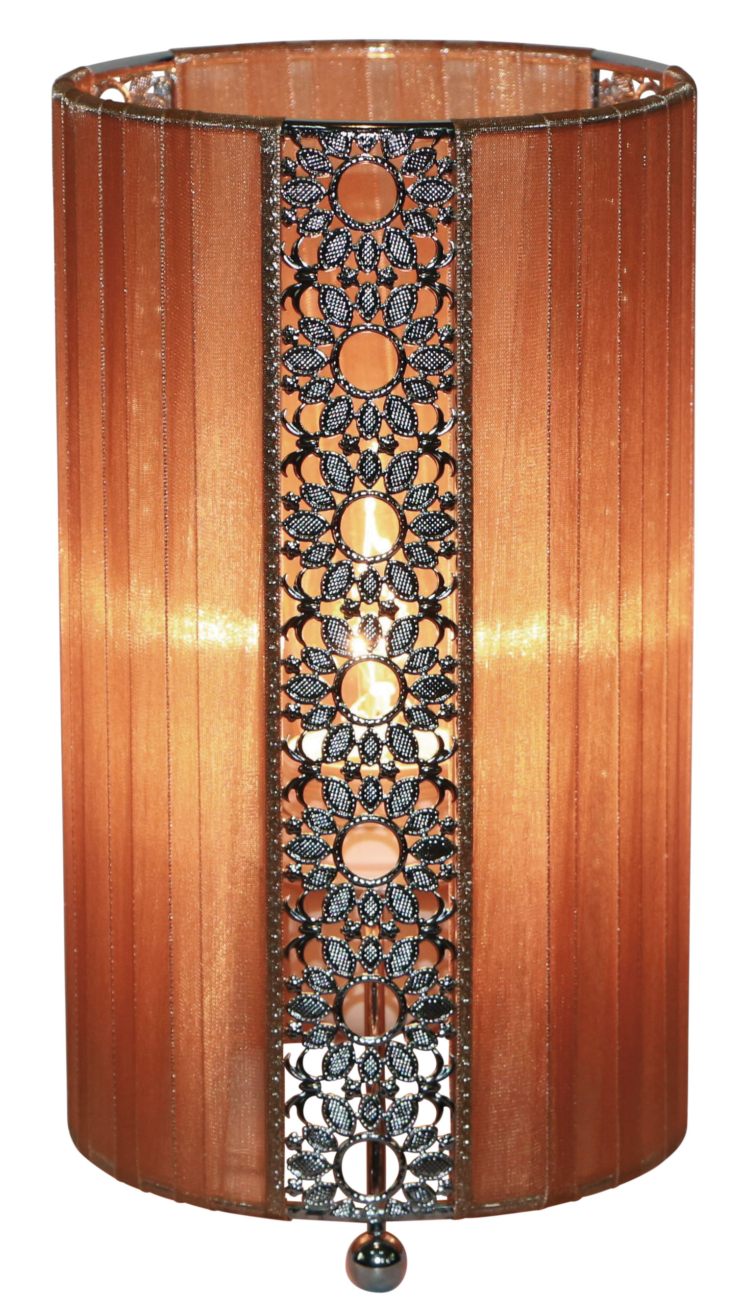 Beleuchtete Lampe mit braunem Lampenschirm mit floralem Design.