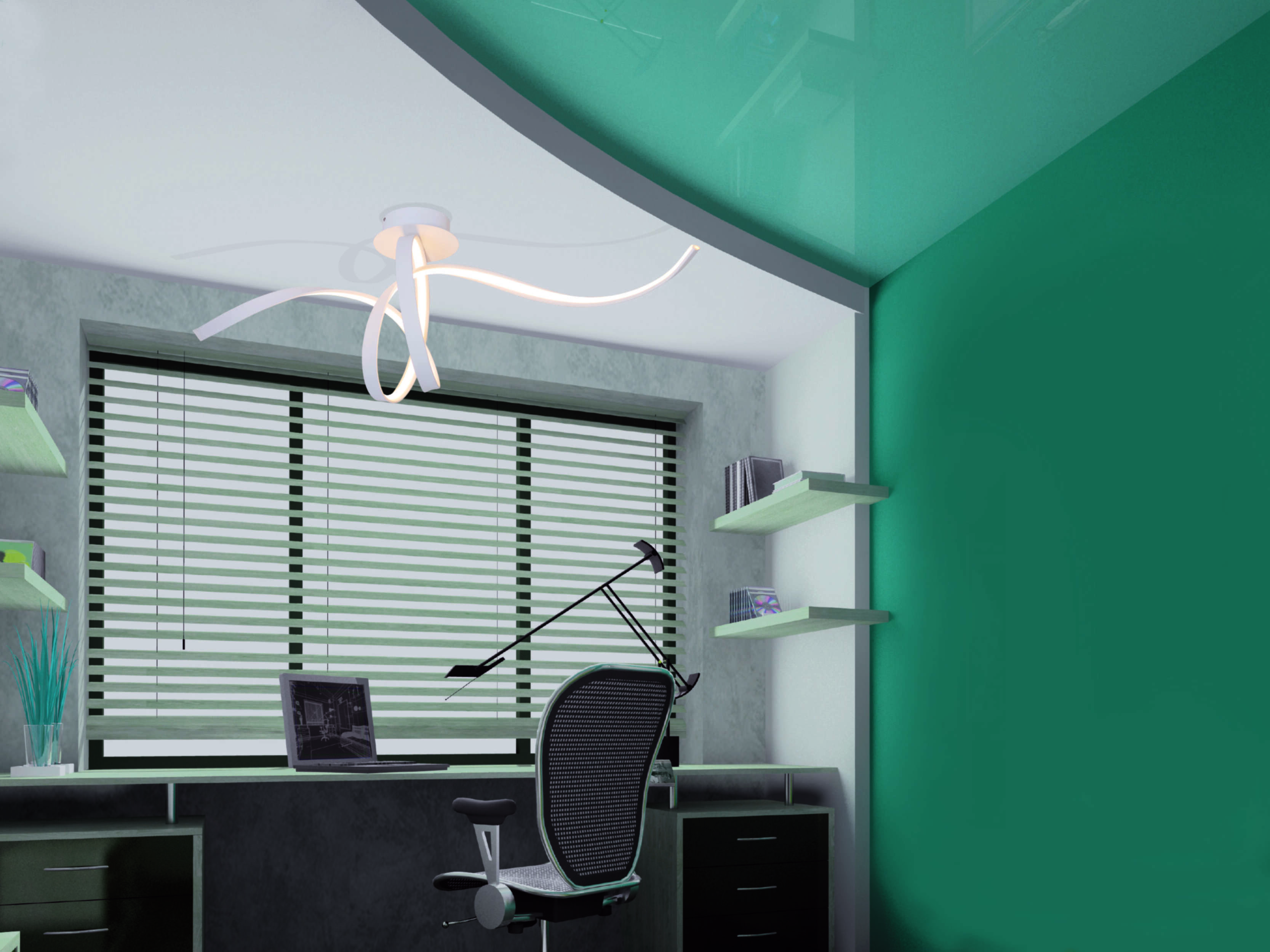 Ein moderner Büroraum mit Schreibtisch, Laptop und einer einzigartigen Deckenleuchte vor einer teal-farbenen Wand.