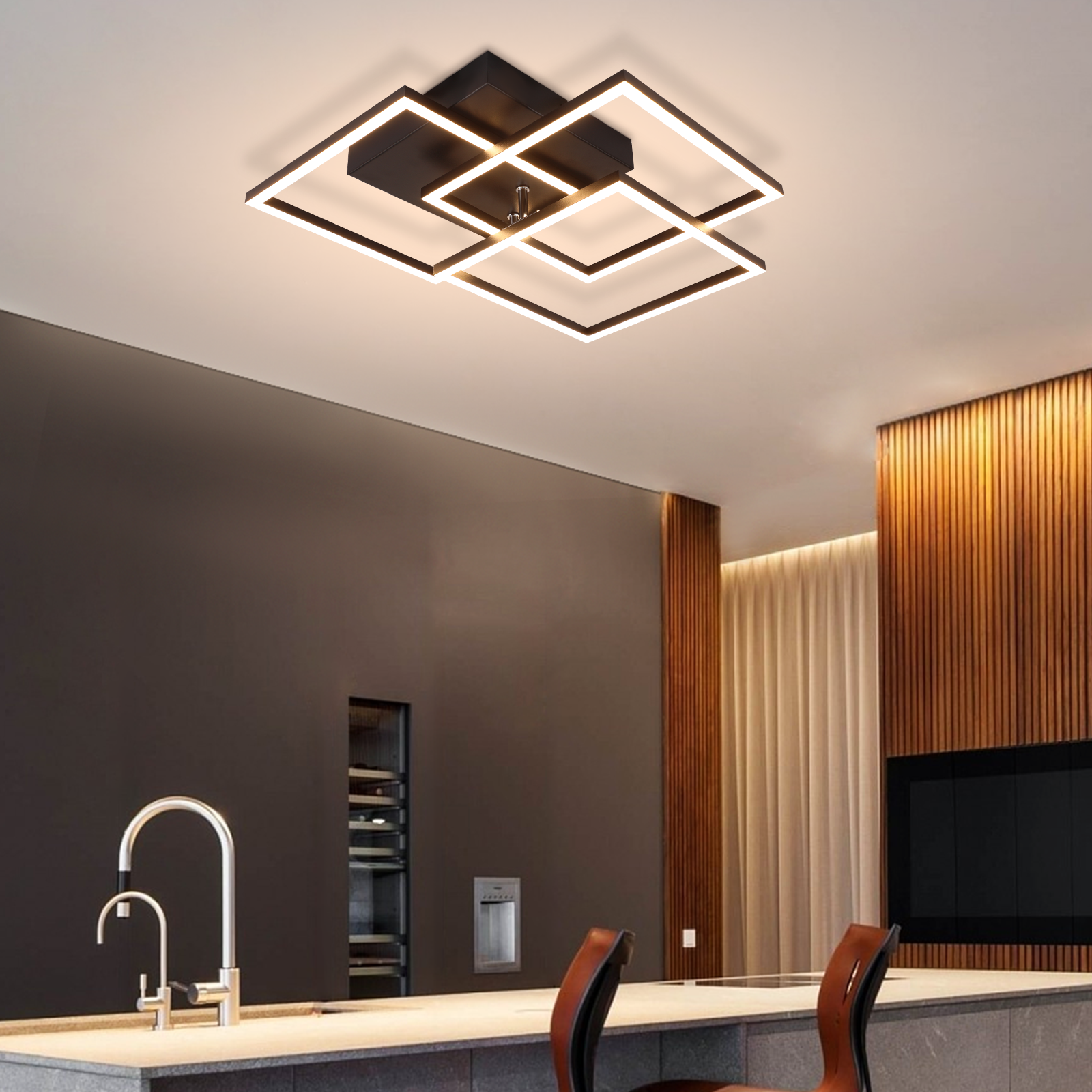 Nowoczesna lampa sufitowa, kwadratowy design. Kuchnia z blatem, ciemnoszare ściany.