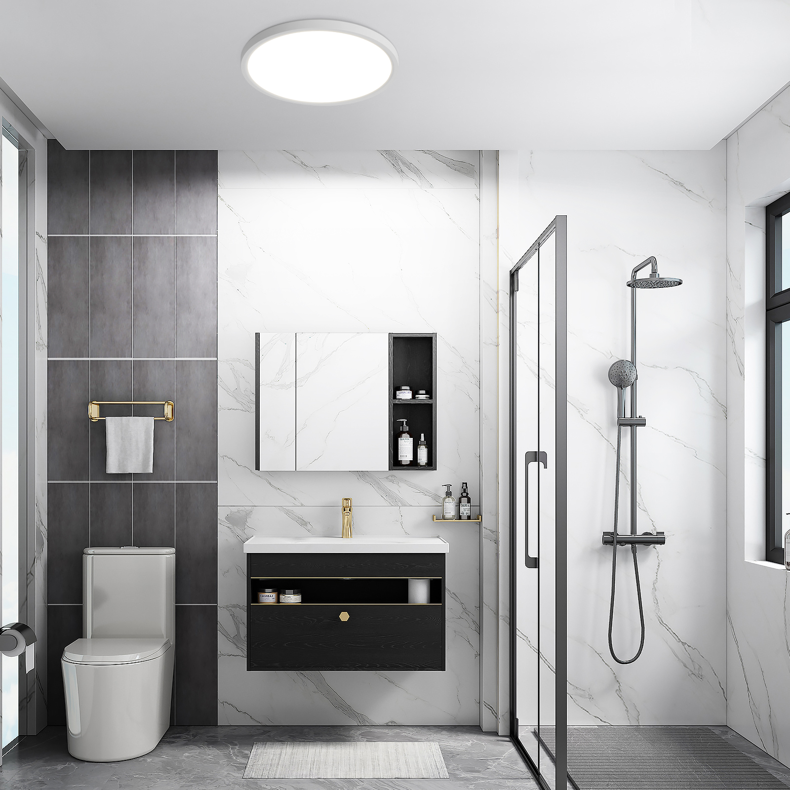 Baño moderno con baldosas de mármol, inodoro, ducha y tocador.