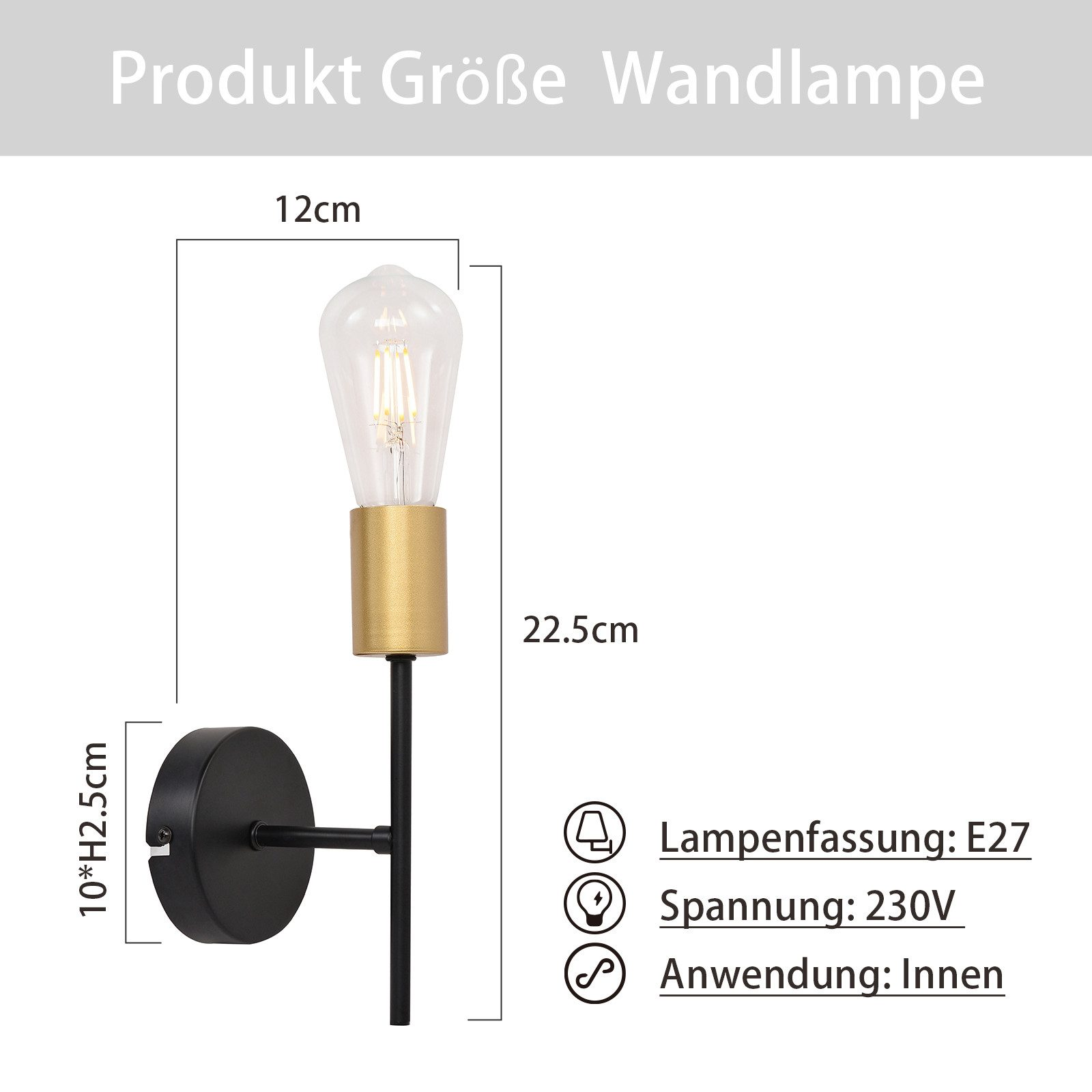 Una lampada da parete nera con portalampada dorato e lampadina trasparente. Dimensioni indicate.