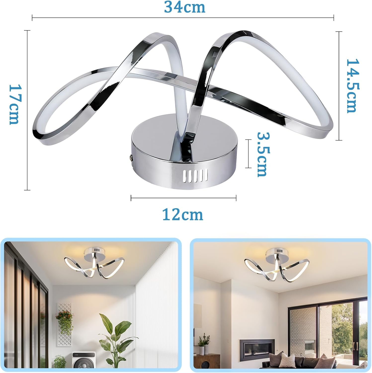 Lámpara de techo moderna plateada con dimensiones, y dos vistas de instalación.