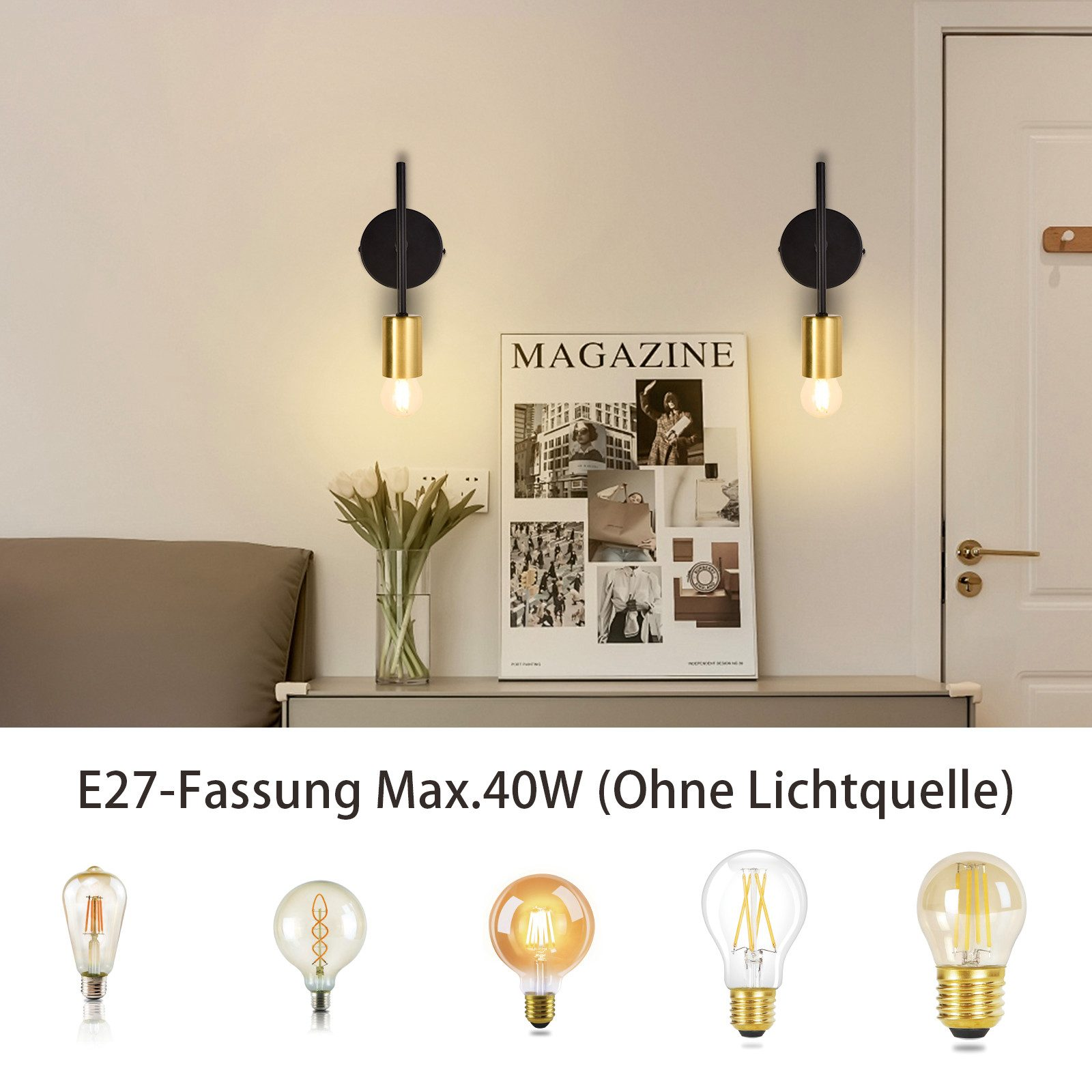 Camera da letto con lampade da parete, rivista, tulipani e lampadine.