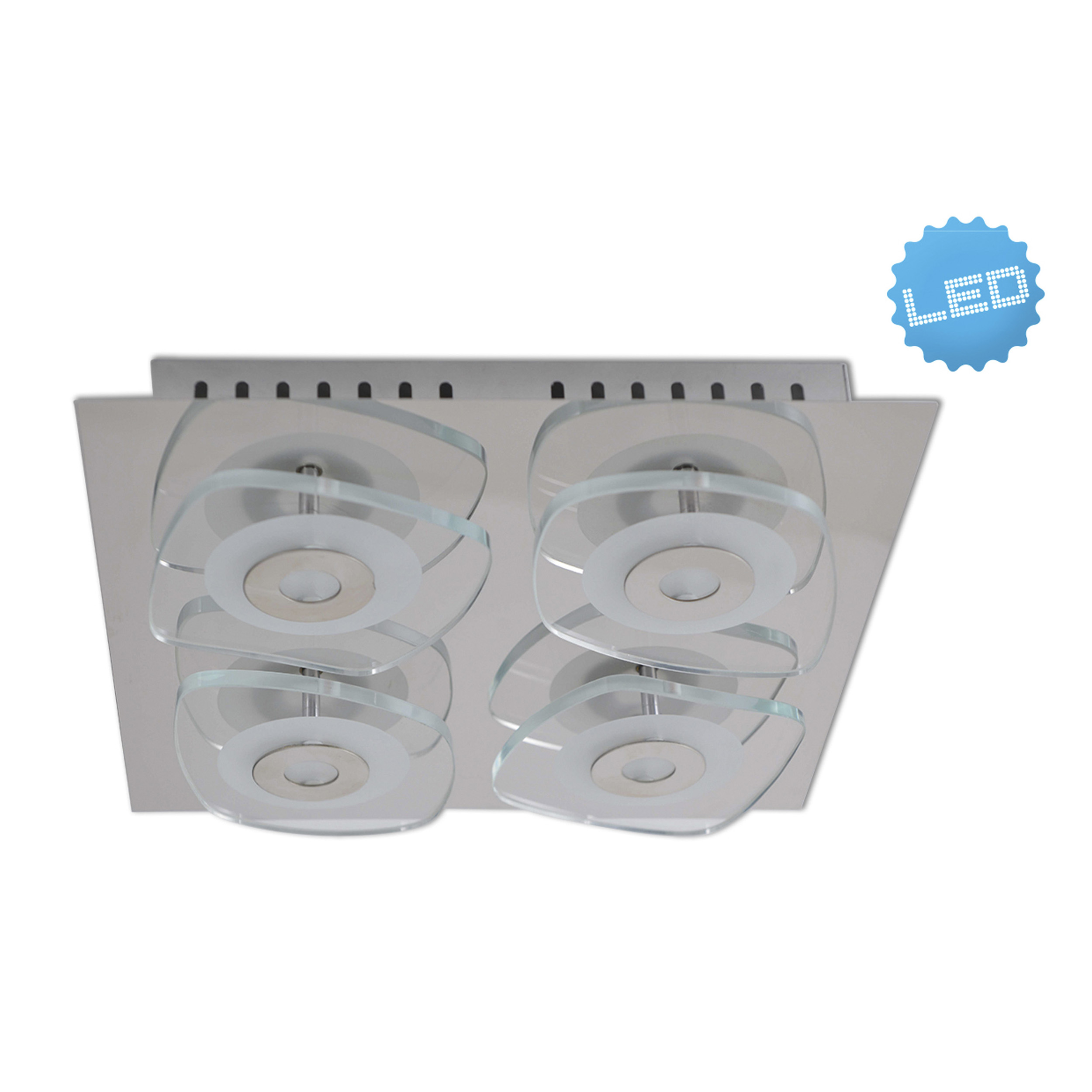 Eine quadratische Deckenlampe mit vier Glaselementen. Sie hat einen glänzenden Metallsockel und ein LED-Etikett ist sichtbar.