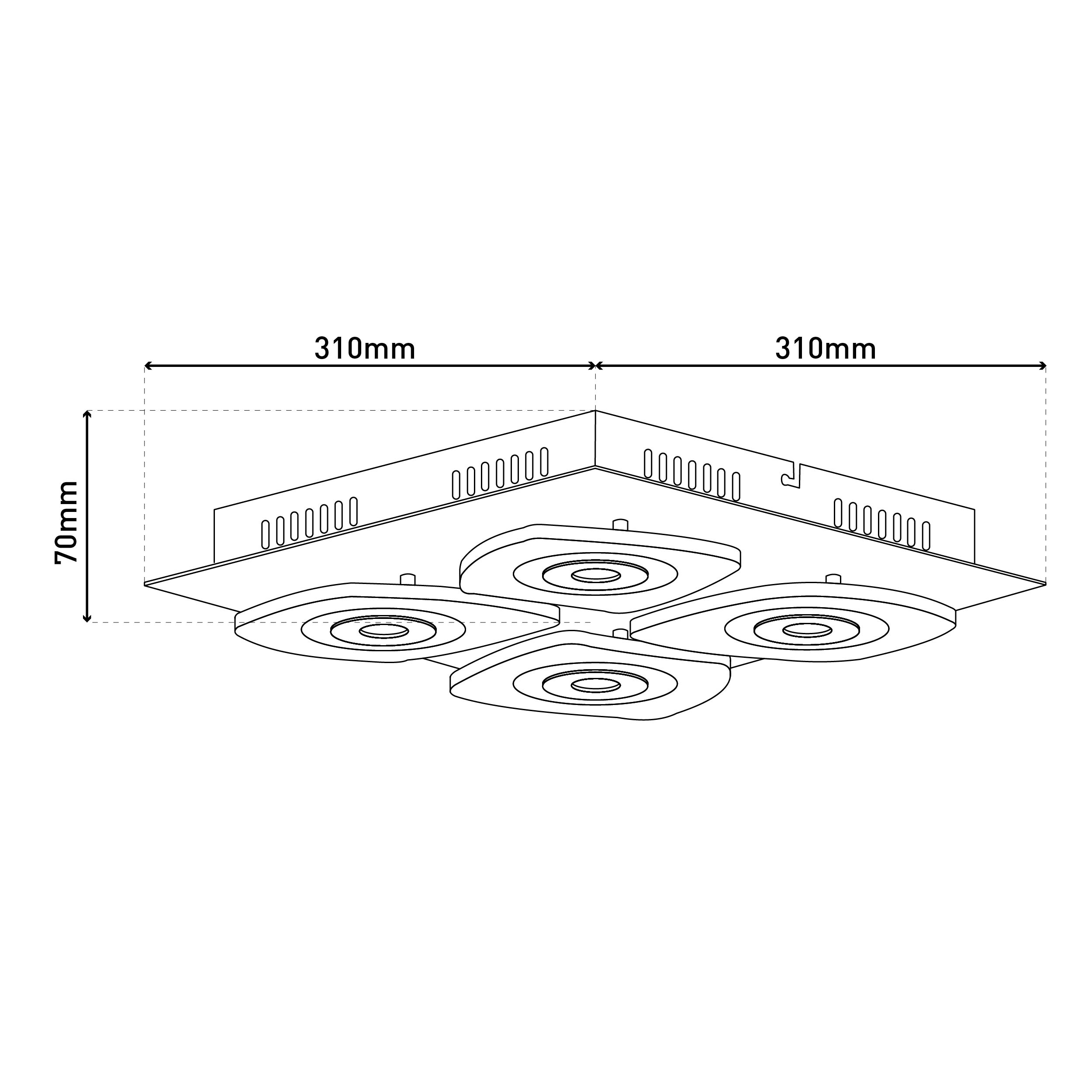 Diagramm einer Deckenleuchte. Zeigt Abmessungen und Design der Leuchte, mit vier kreisförmigen Lichtern.