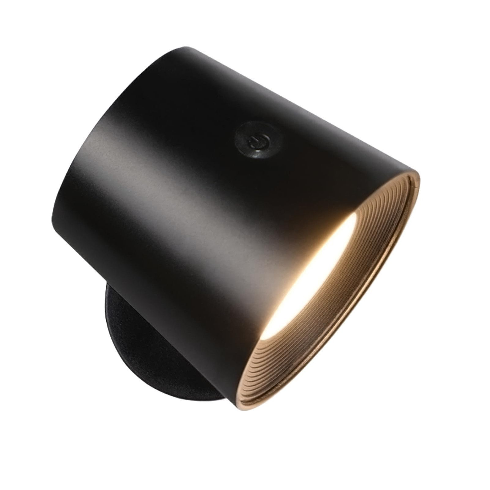 Faretto nero angolato con una brillante sorgente luminosa interna.