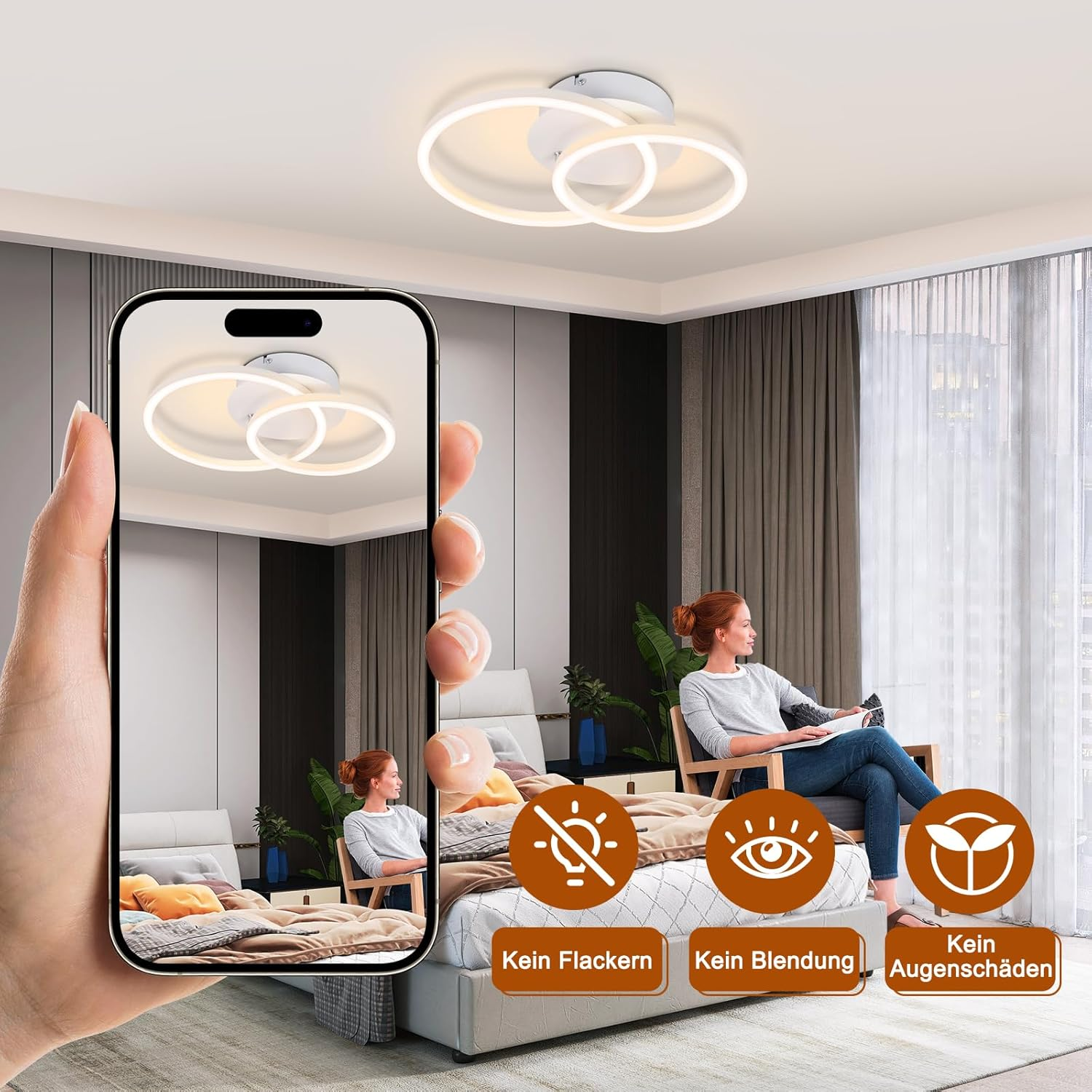 Lampa sufitowa z telefonem pokazującym wzór lampy. Kobieta w pokoju z łóżkiem i zasłonami.