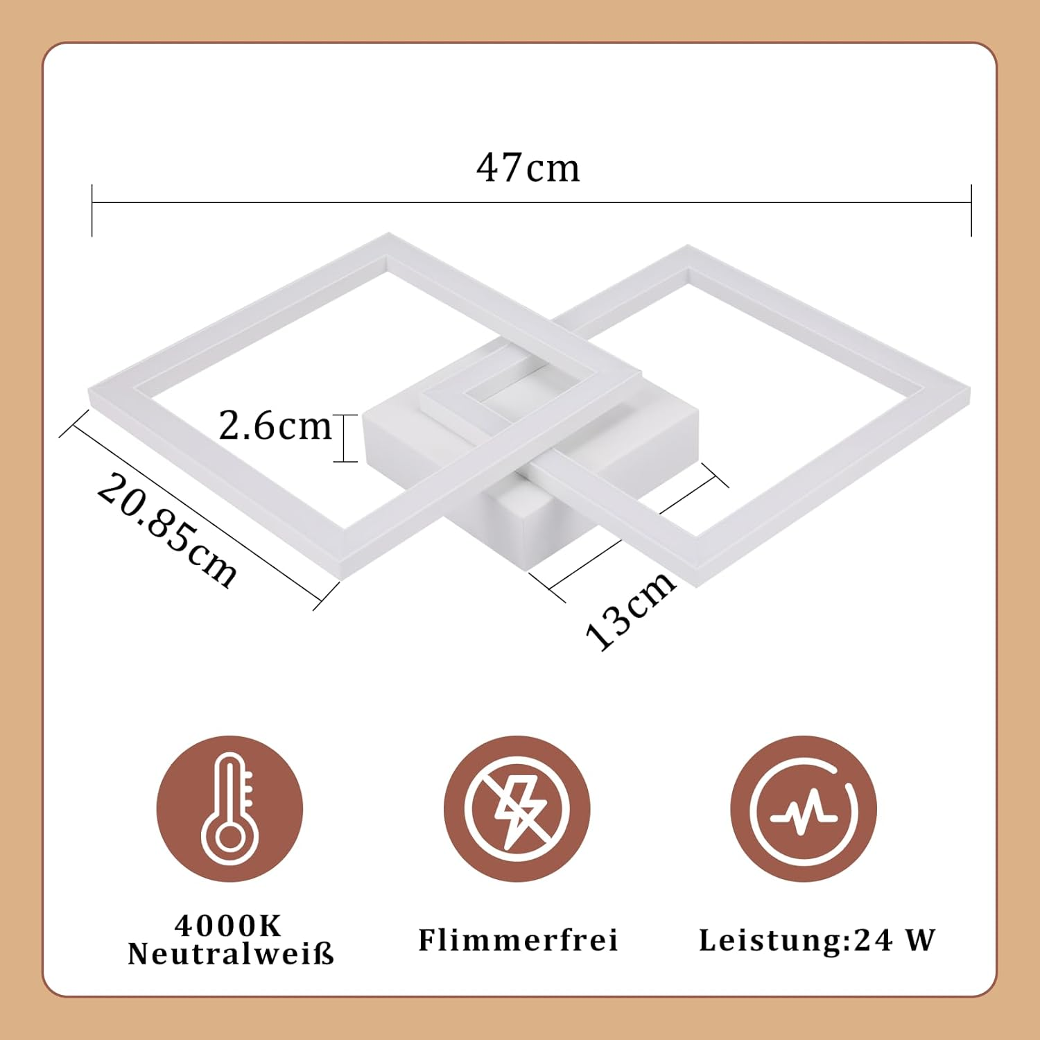 Lampa sufitowa z białym kwadratowym wzorem, z wyświetlonymi wymiarami i specyfikacjami.