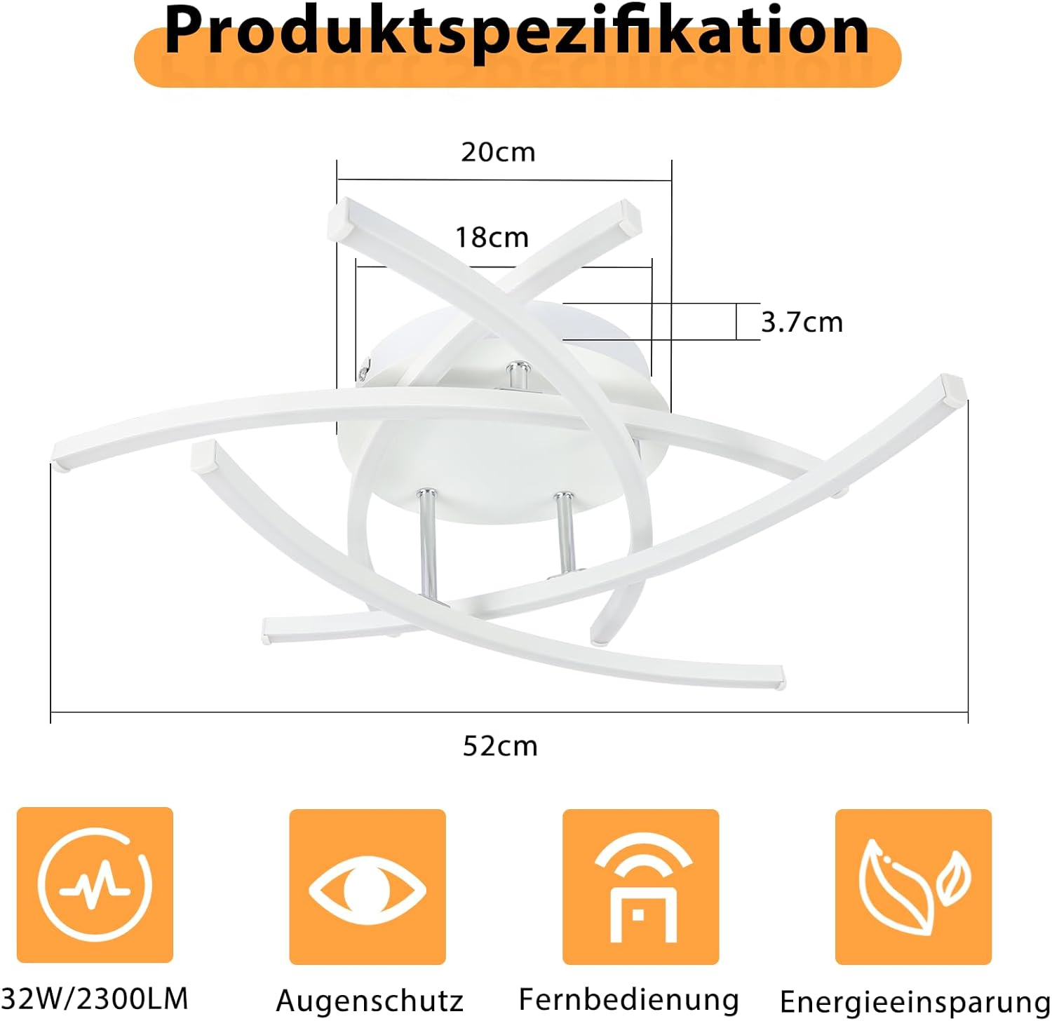 Biała lampa sufitowa o nowoczesnym designie, z zakrzywionymi elementami świetlnymi i wymiarami.