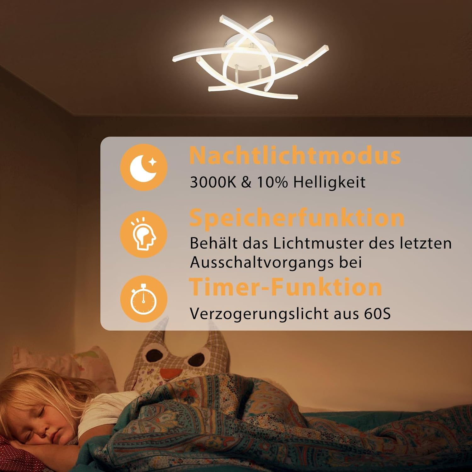 Dziecko śpiące pod nowoczesną lampą sufitową z trybem nocnym, timerem i funkcjami pamięci.