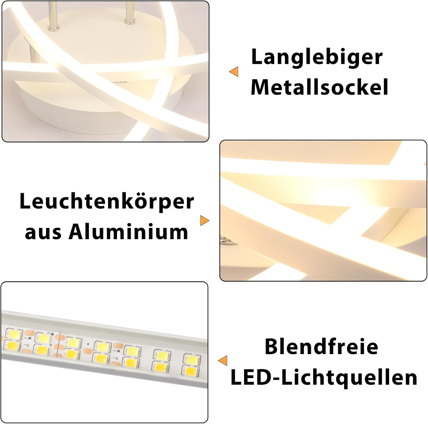 Zbliżenie białej lampy sufitowej LED. Zawiera trwałą metalową podstawę, aluminiowy korpus i nieoślepiające diody LED.