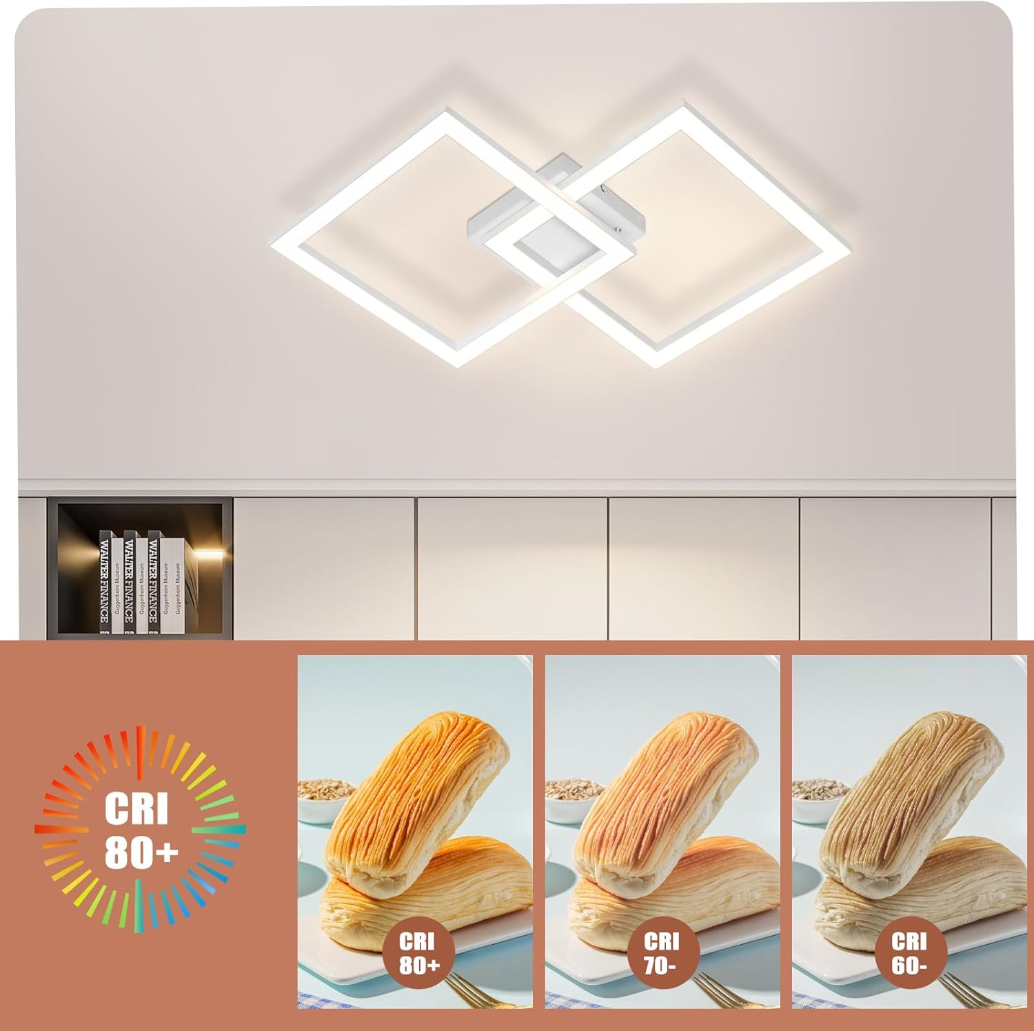 Lampa sufitowa nad bułkami. Wyświetlane są parametry jakości światła i temperatury barwowej.