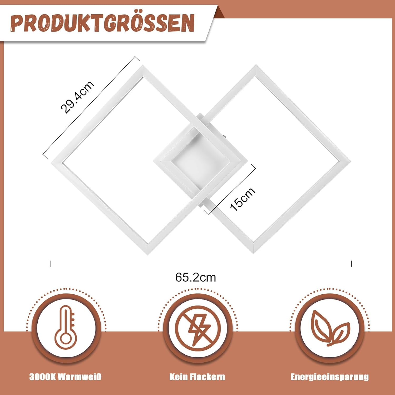Biała geometryczna lampa sufitowa. Wymiary są pokazane. Zawiera 3000K ciepłej bieli, brak migotania i oszczędność energii.