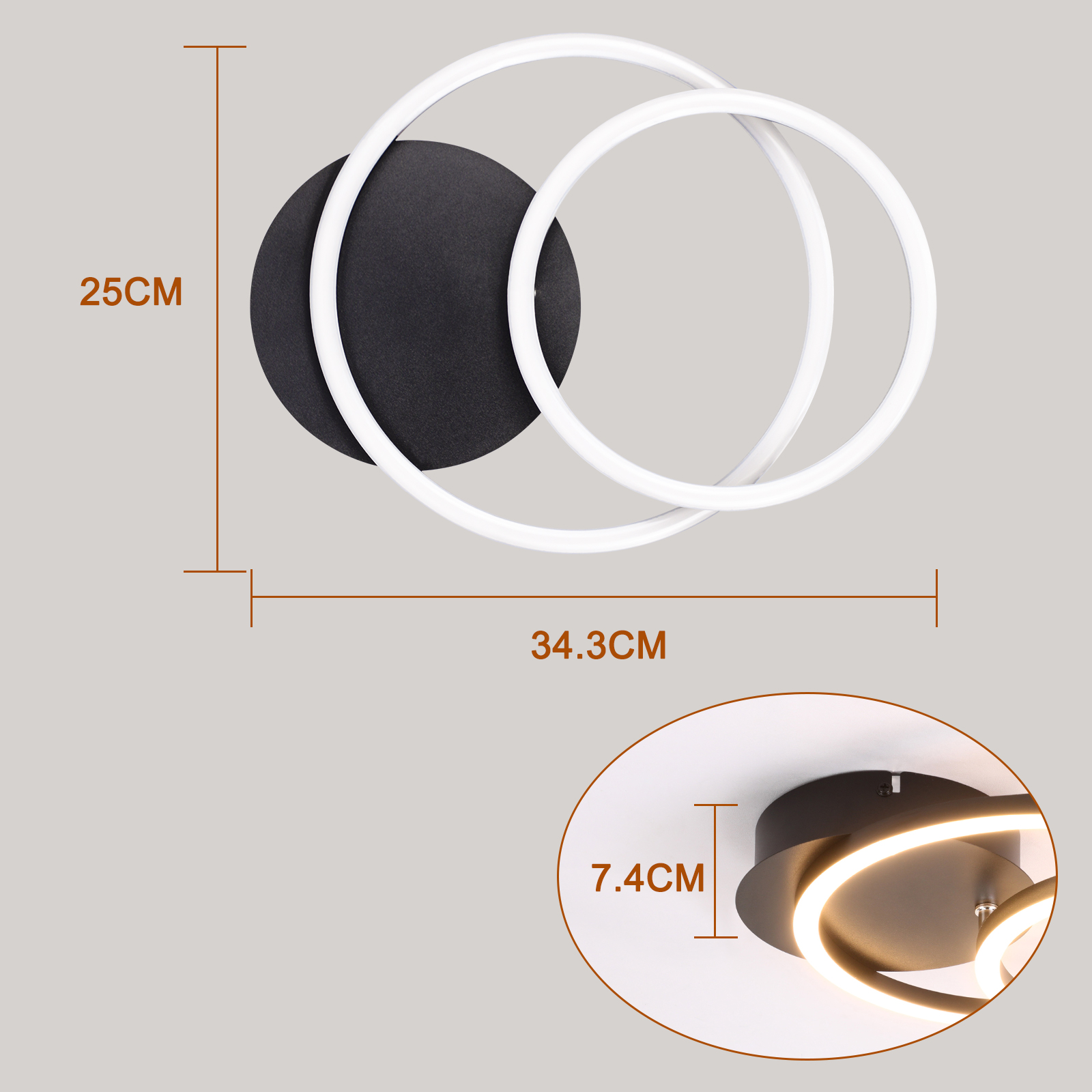 Una moderna lámpara de pared geométrica con dimensiones etiquetadas.
