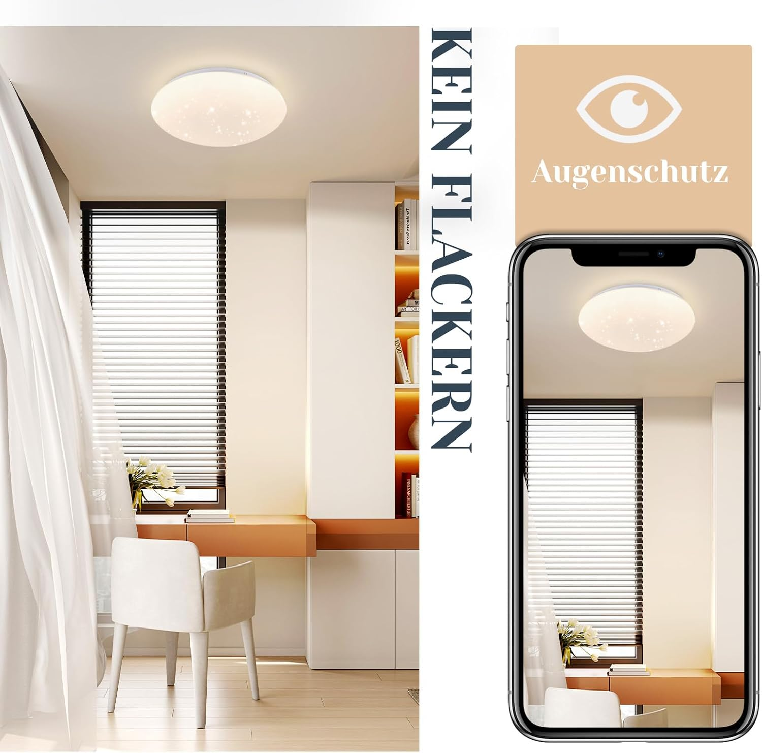 Una habitación bien iluminada con un escritorio blanco y una luz de techo. Un teléfono muestra la luz como una característica del producto.