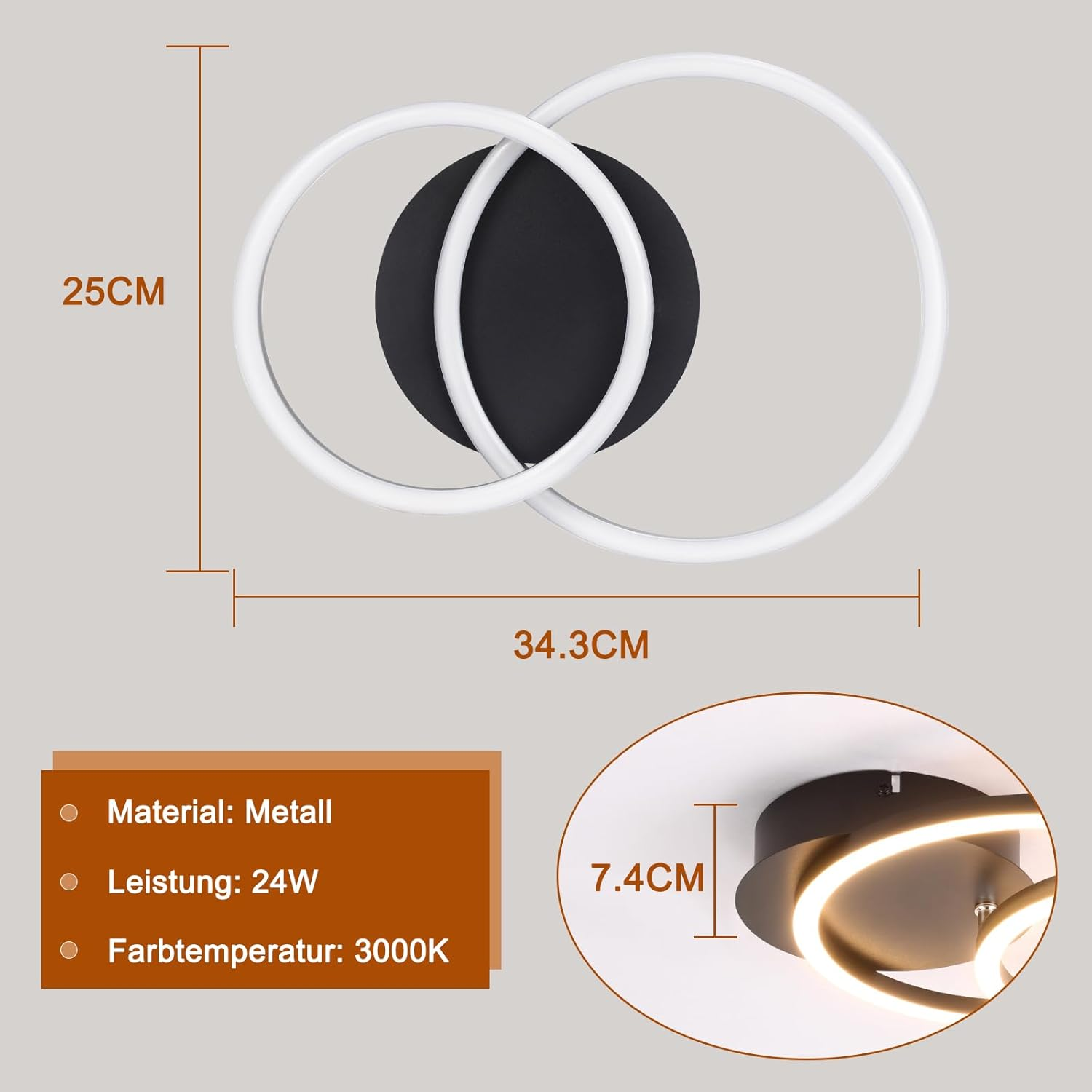 Eine weiße und schwarze LED-Deckenleuchte mit Abmessungen und technischen Details.