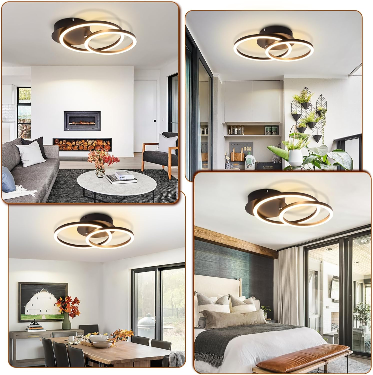 Cuatro imágenes de una luz de techo circular en diferentes habitaciones: sala de estar, cocina, dormitorio, comedor.