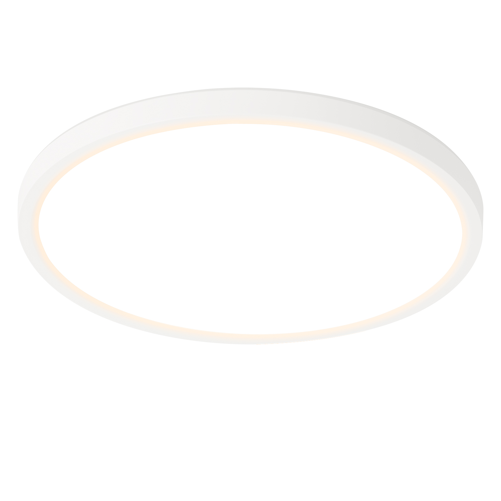 Biała, okrągła, natynkowa lampa sufitowa LED na białym tle.