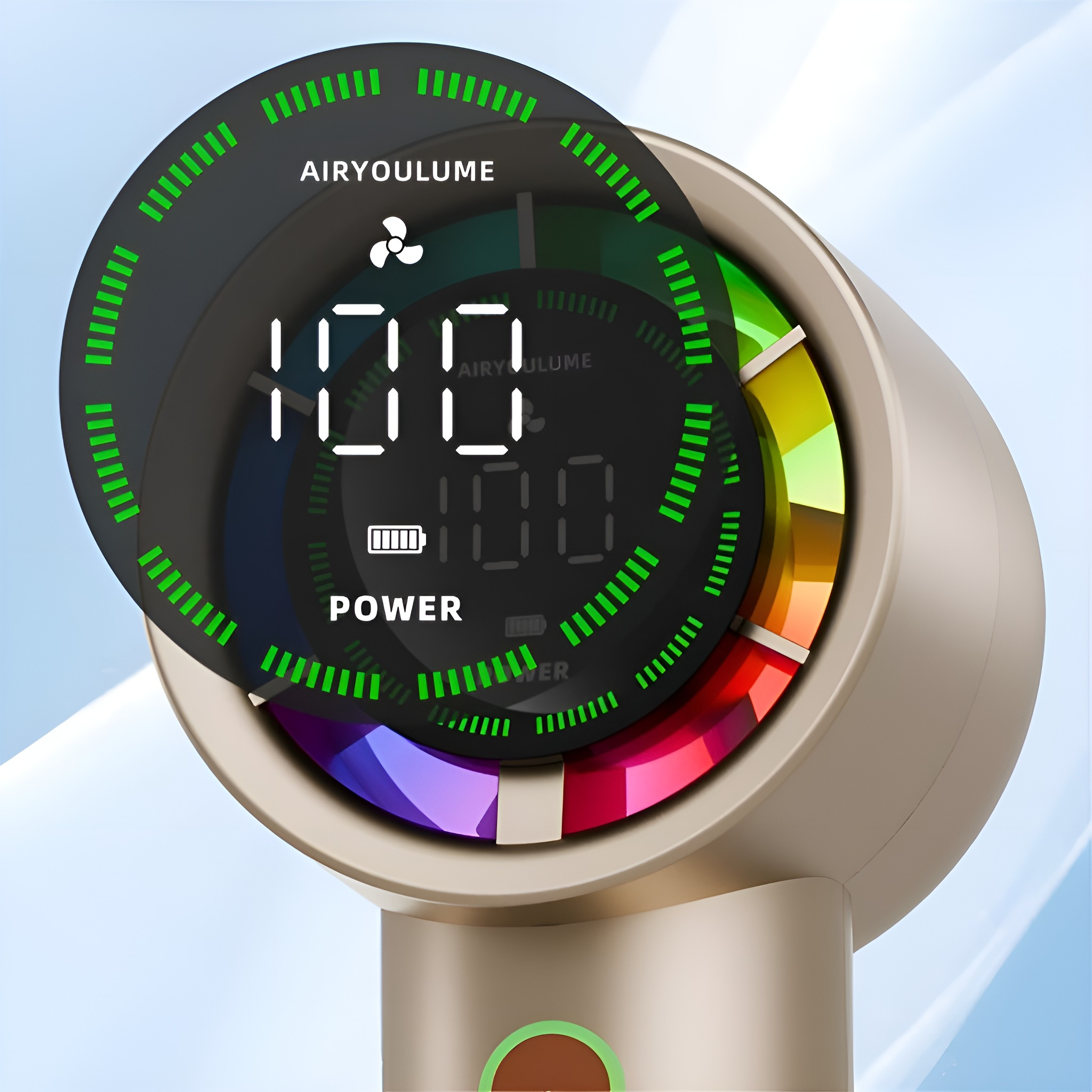 Ein elektronisches Gerät mit Digitalanzeige, die Zahlen und ein Farbrad zeigt, mit dem Wort 'POWER'.