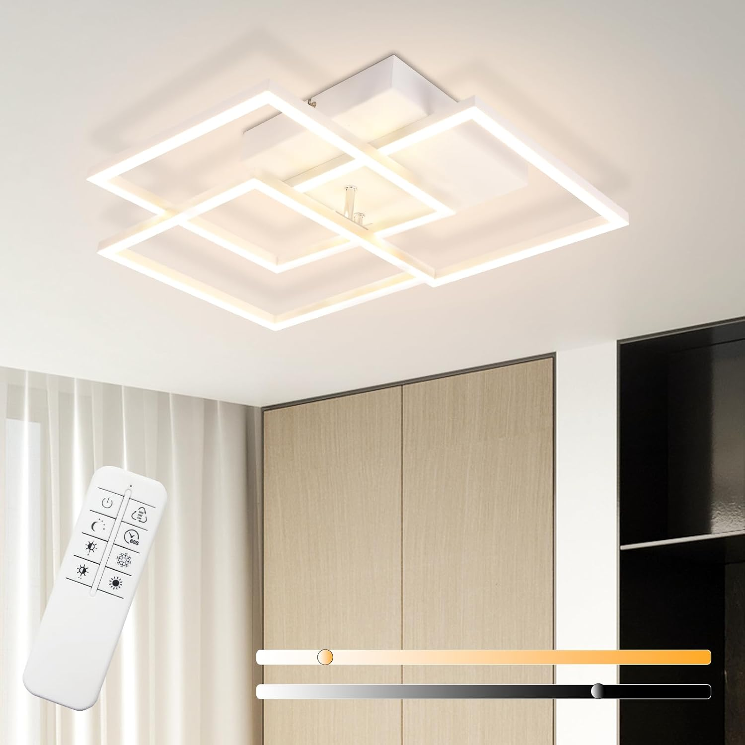 Luz de techo con control remoto. Diseño cuadrado con brillo ajustable.