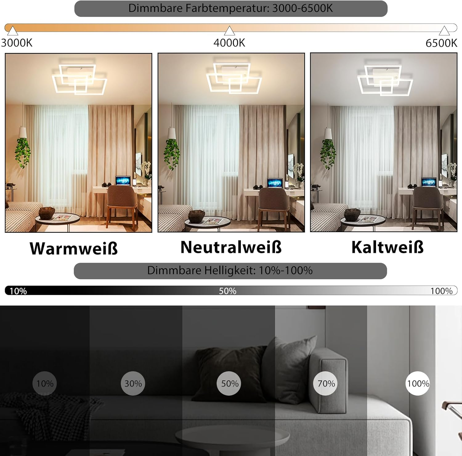 Tres imágenes que muestran una luz de techo con diferentes temperaturas de color y brillo.