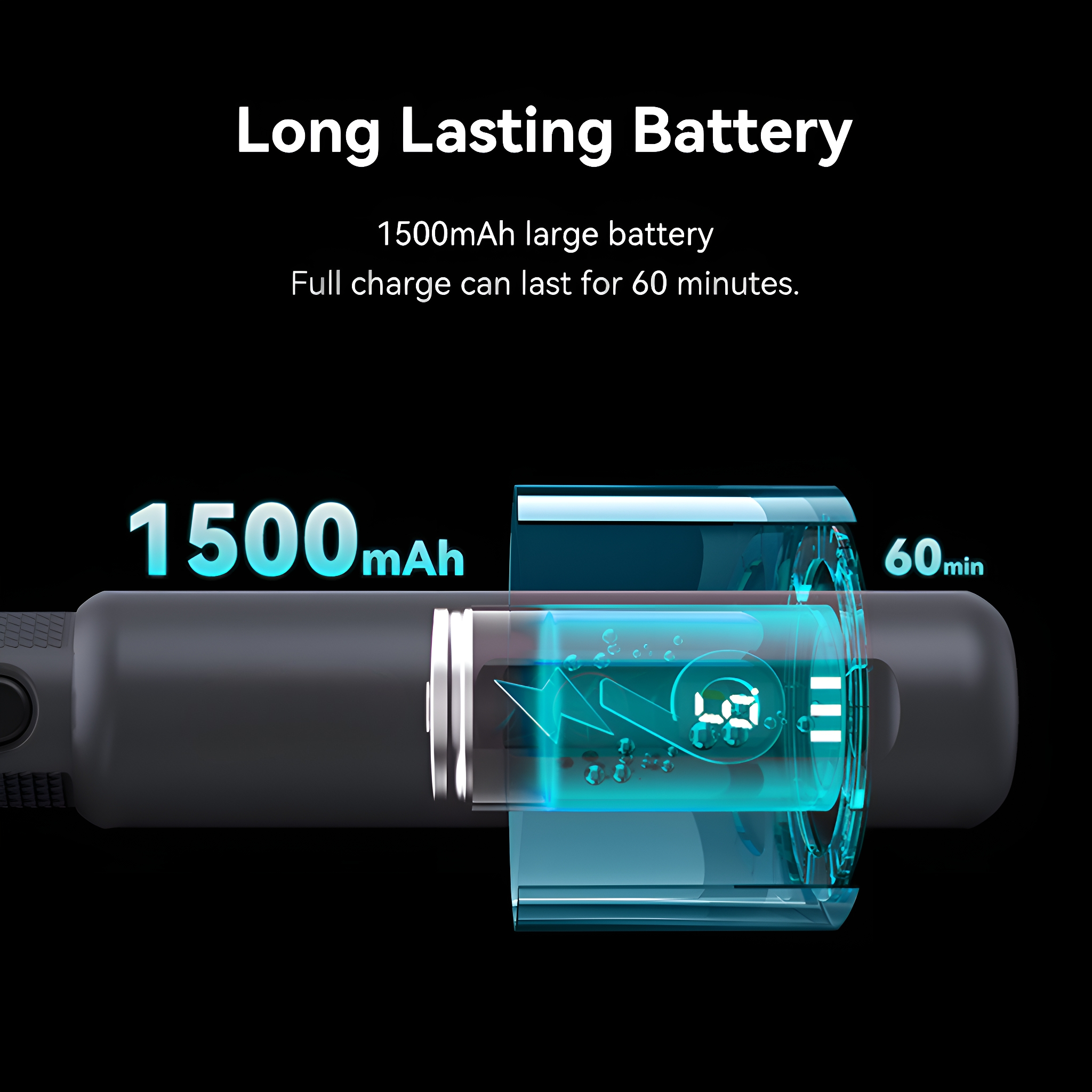 Abbildung zeigt schwarzes Gerät mit Akku und Text 'Long Lasting Battery'.