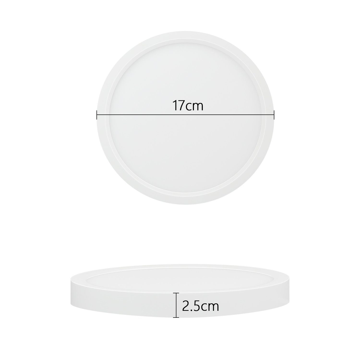 Una luz de techo LED blanca, con dimensiones: 17 cm de diámetro y 2,5 cm de grosor.