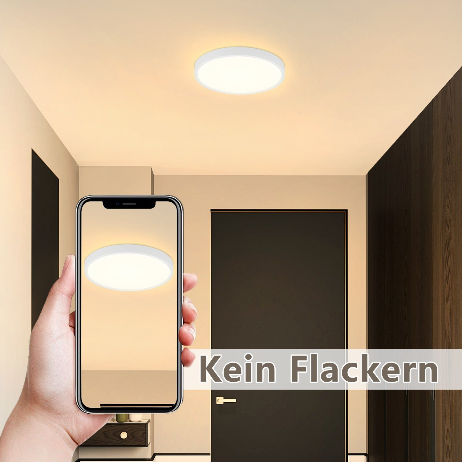 Una mano sosteniendo un teléfono que muestra una luz de techo, en un pasillo. Las palabras 'Kein Flackern' abajo.