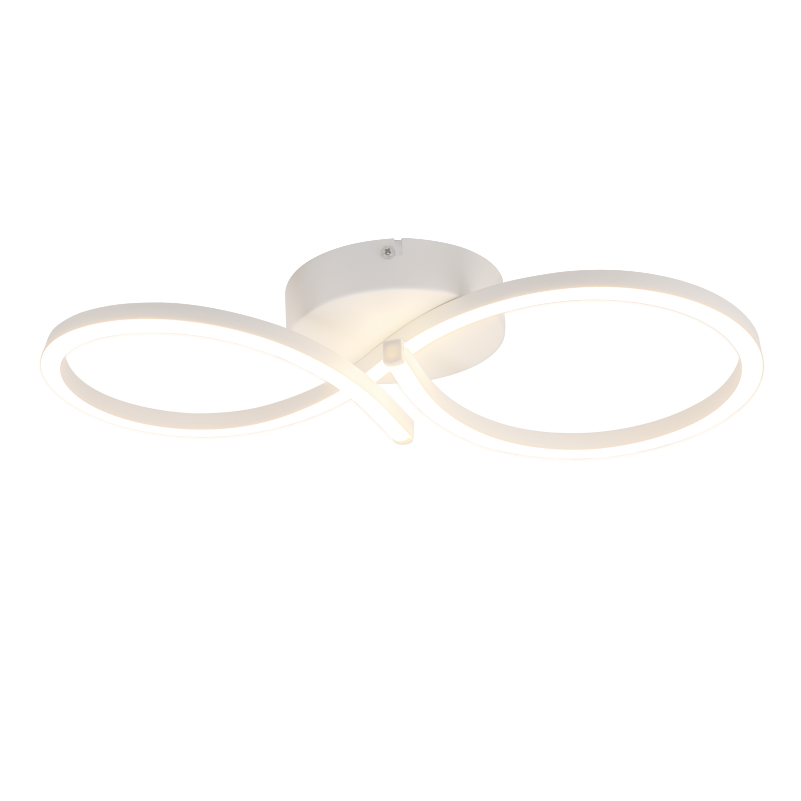 Plafoniera bianca con un design a forma di anello infinito curvo. Sfondo bianco.
