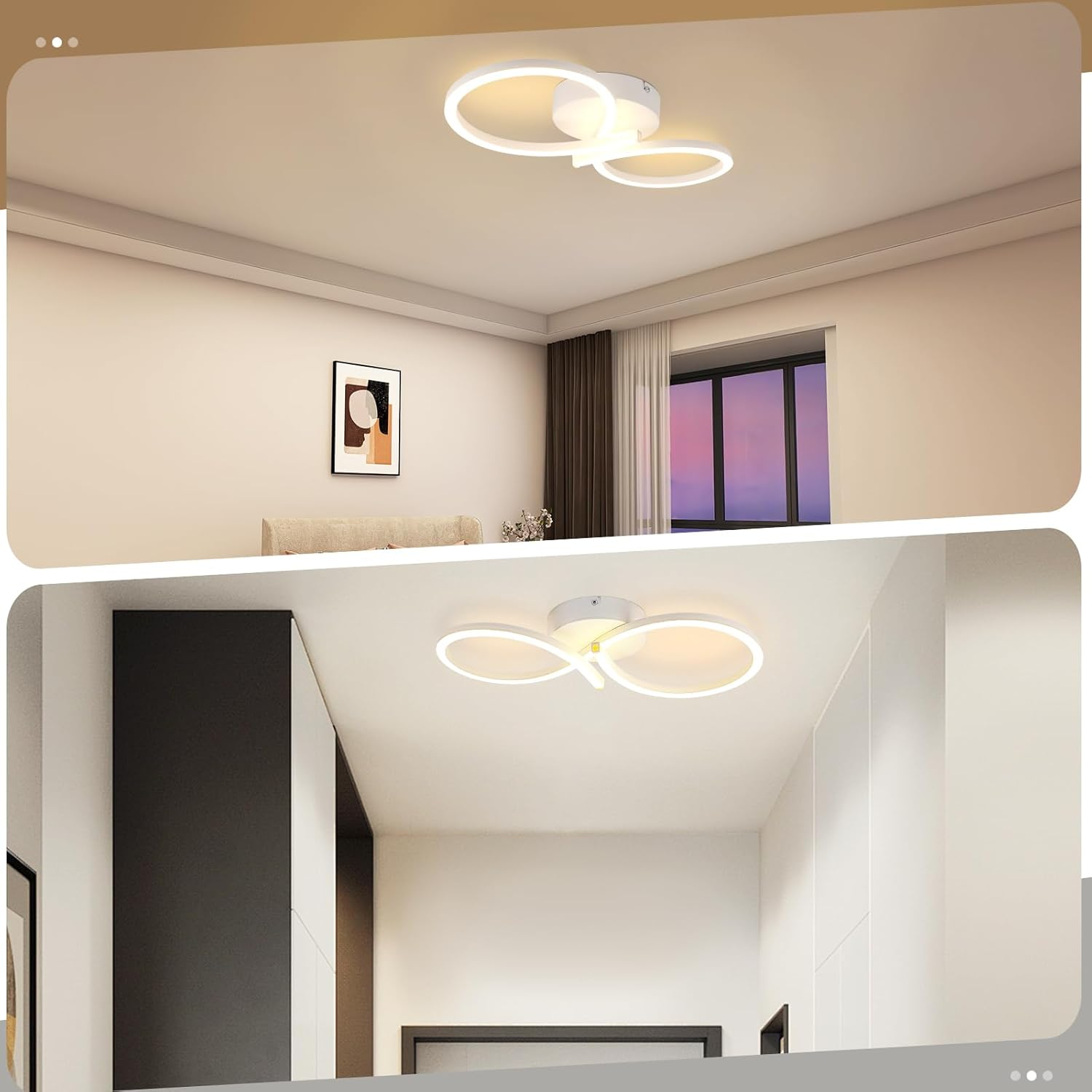Lampy sufitowe z okrągłym, podświetlanym designem, prezentujące różne ustawienia.