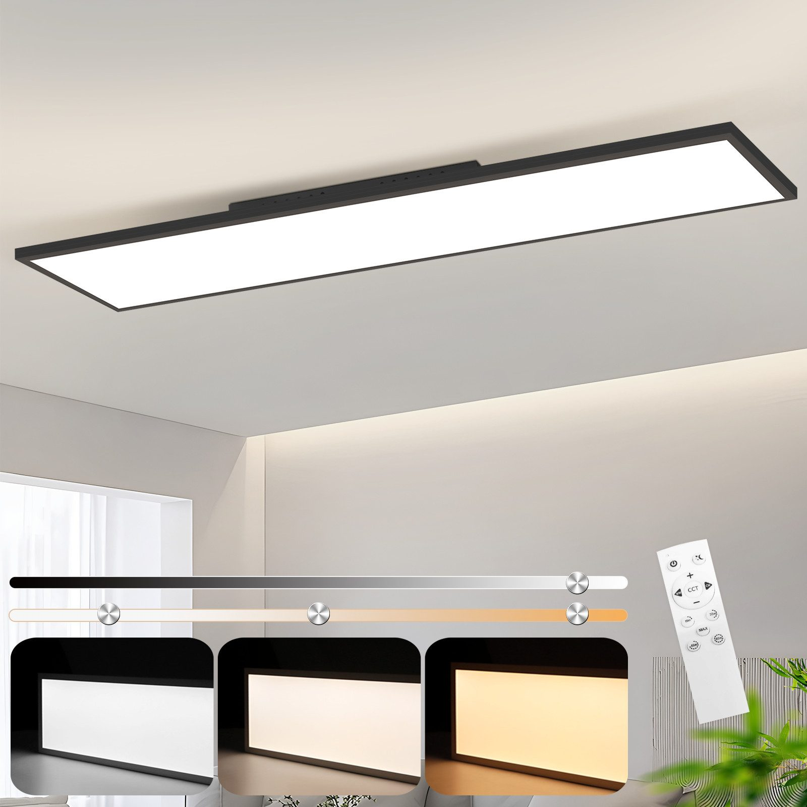 Una luz de techo rectangular negra con temperaturas de color ajustables y un mando a distancia.