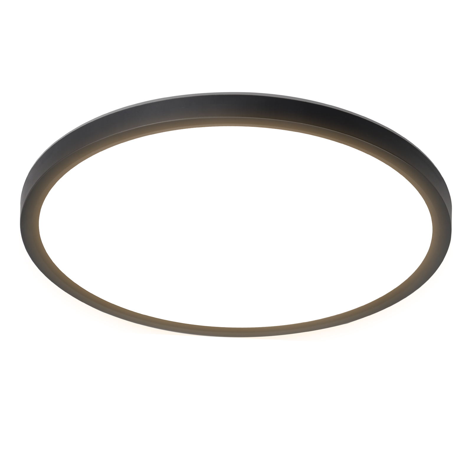 Una plafoniera rotonda, nera, che emette luce bianca. Ha un design semplice e minimalista.