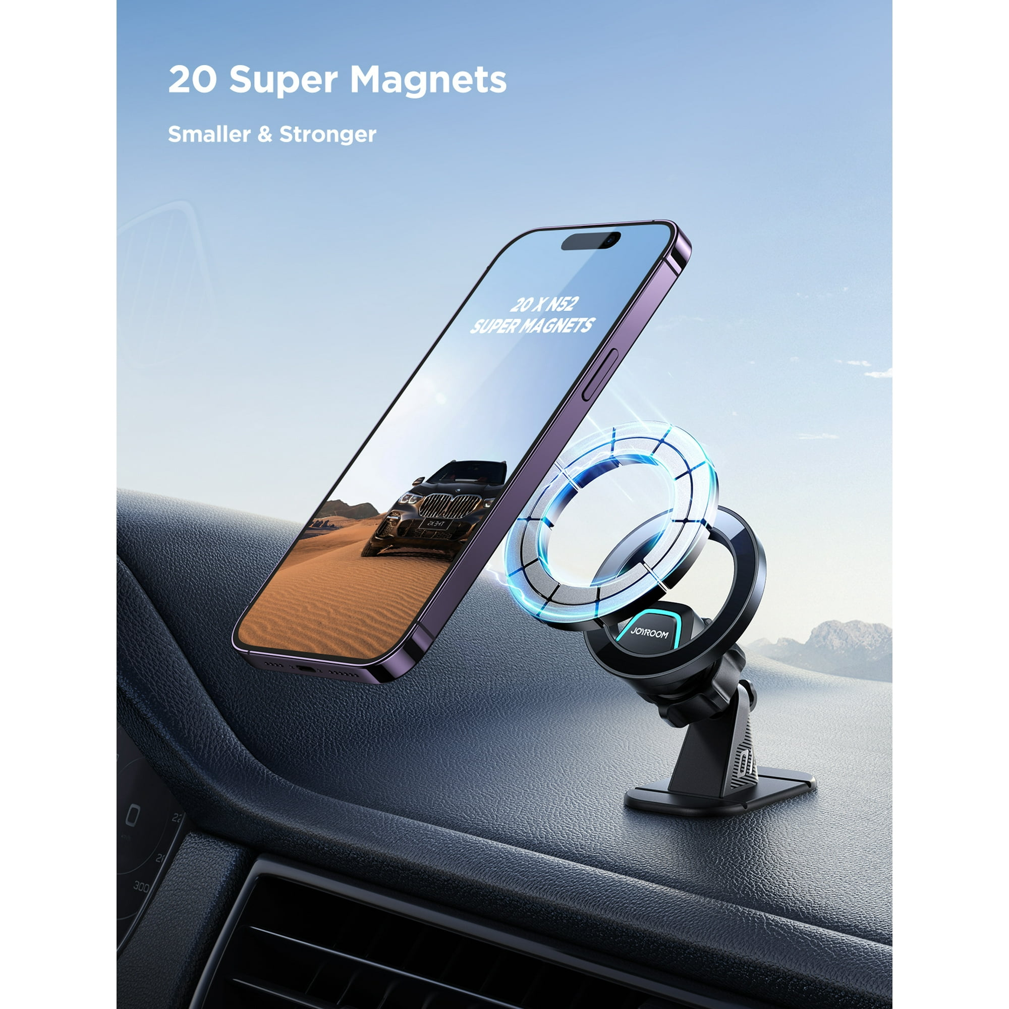 Telefon auf magnetischer Autohalterung. Text: 20 Supermagnete.