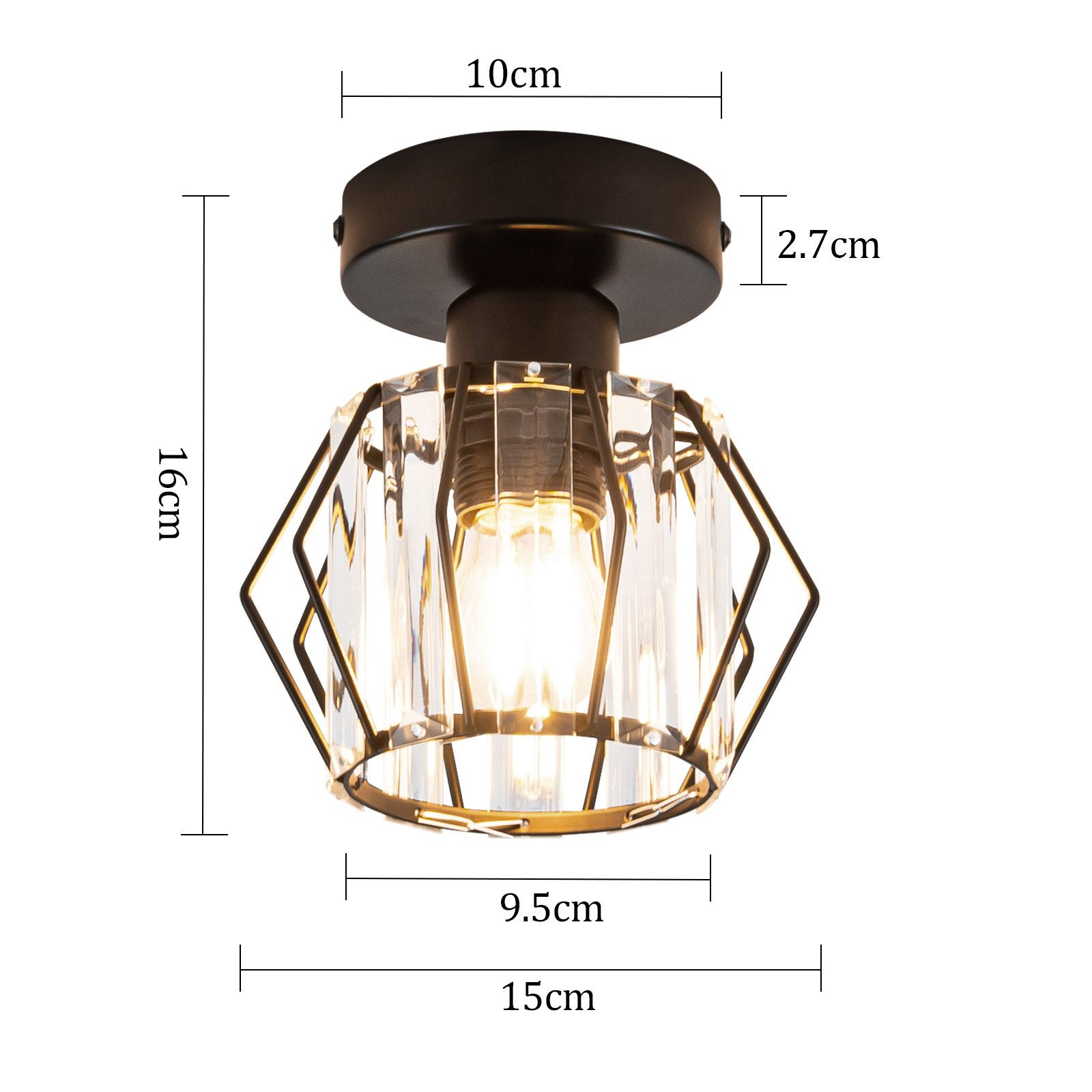 Luz de techo negra con pantalla de cristal. Dimensiones etiquetadas.