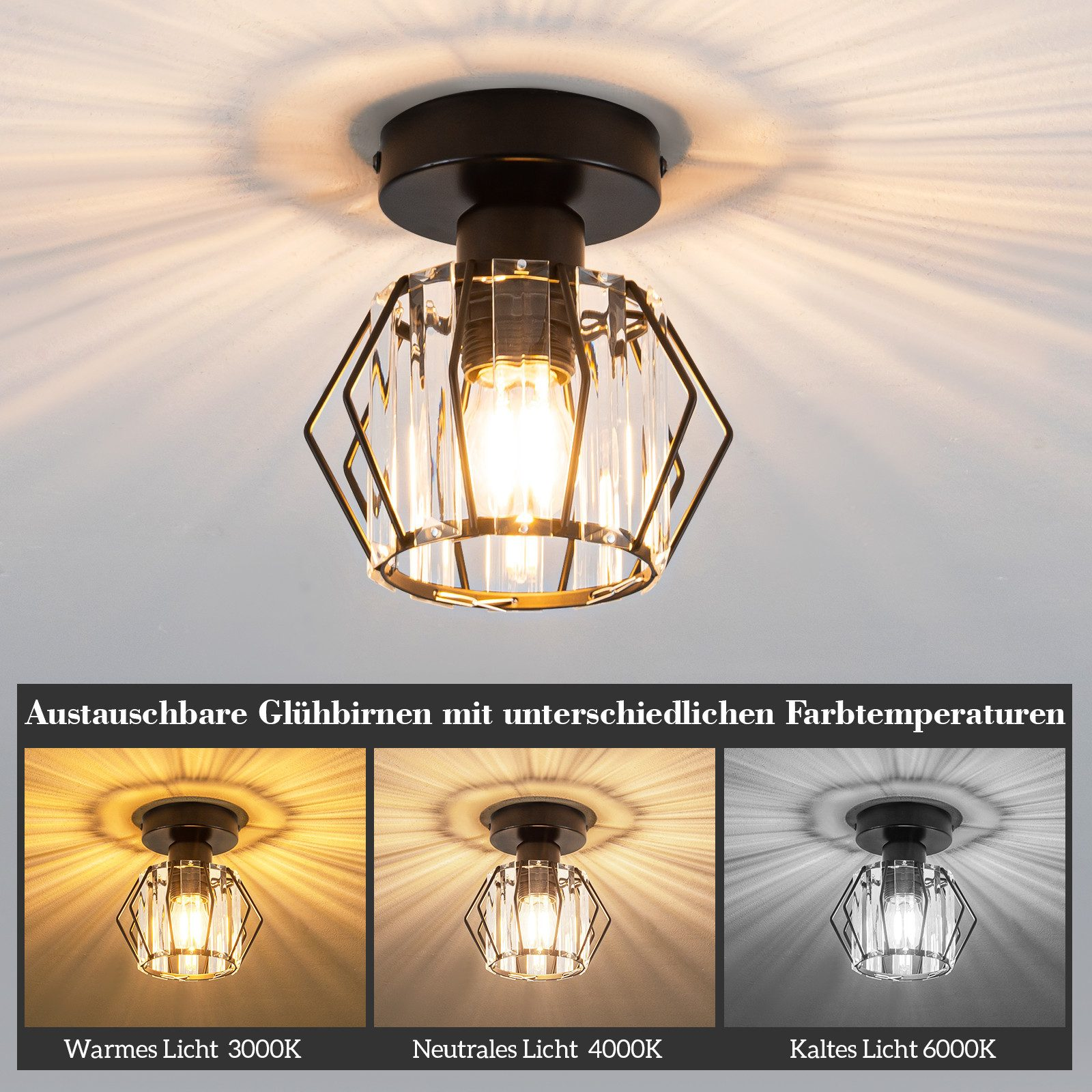 Una lámpara de techo negra con pantalla de cristal y bombilla. Se muestran tres configuraciones de luz.