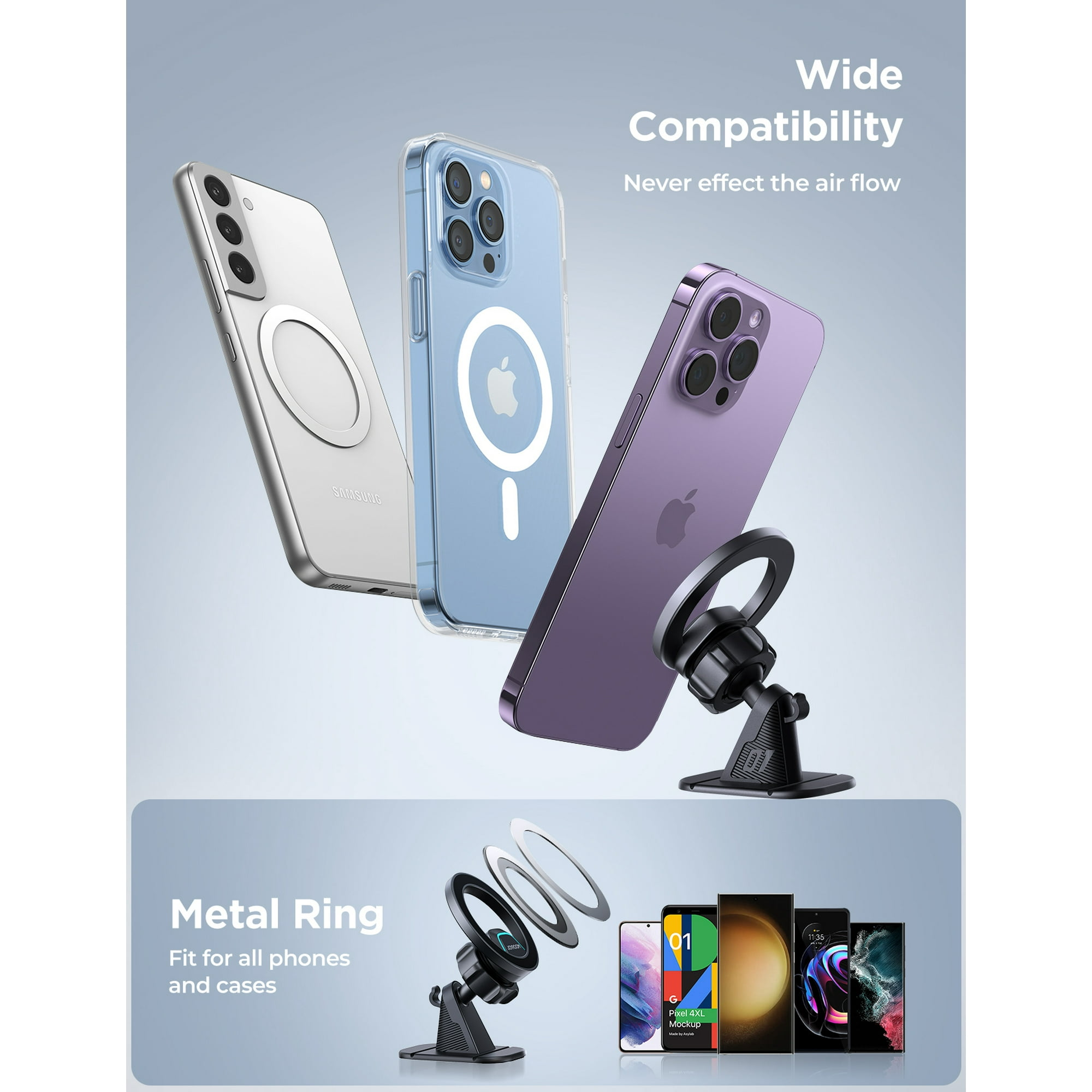 Drei Telefone werden mit Hüllen und einer Handyhalterung gezeigt. Die Telefone sind weiß, blau und lila.