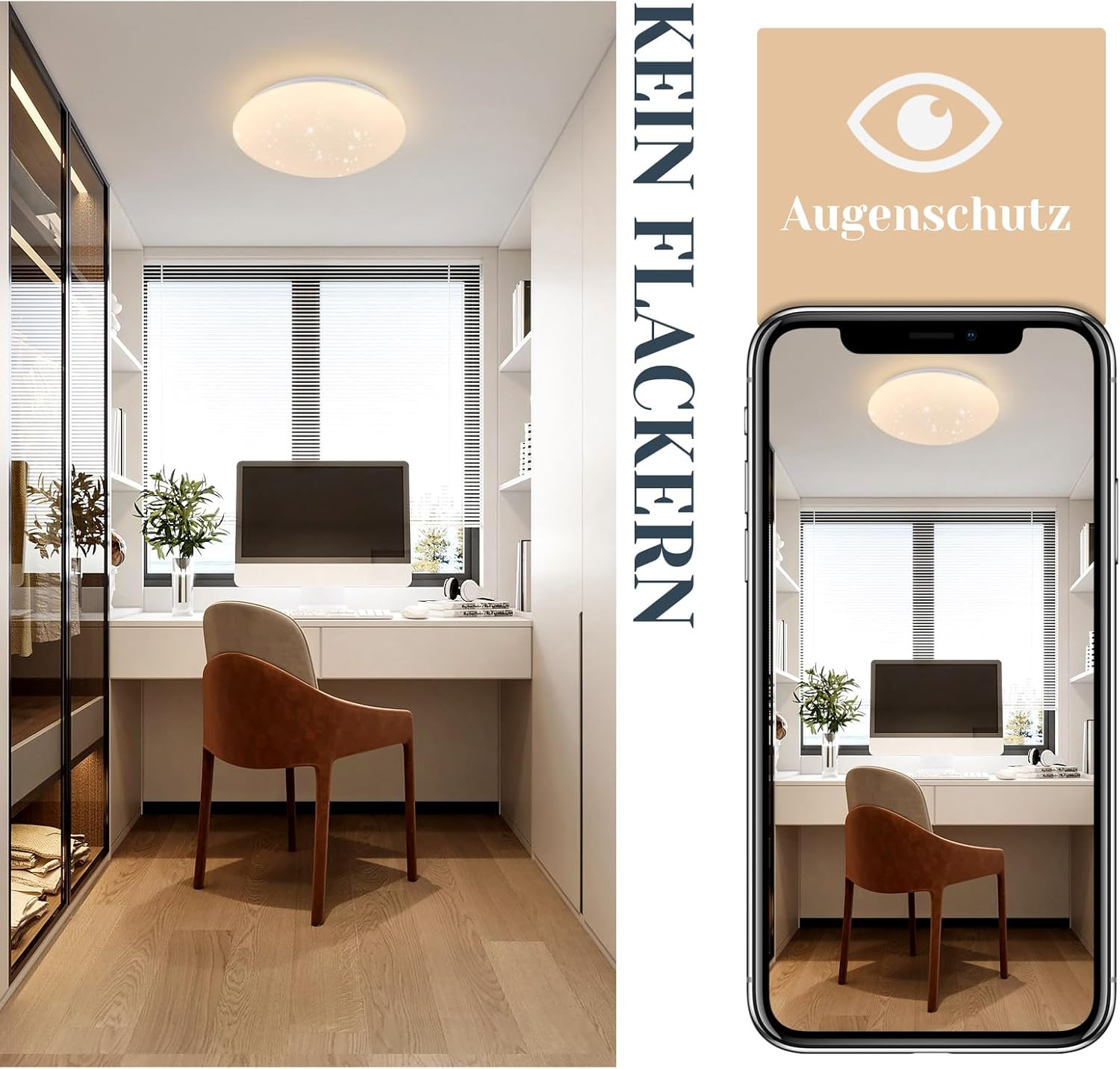 Habitación moderna con escritorio y lámpara, mostrada en una pantalla de teléfono.